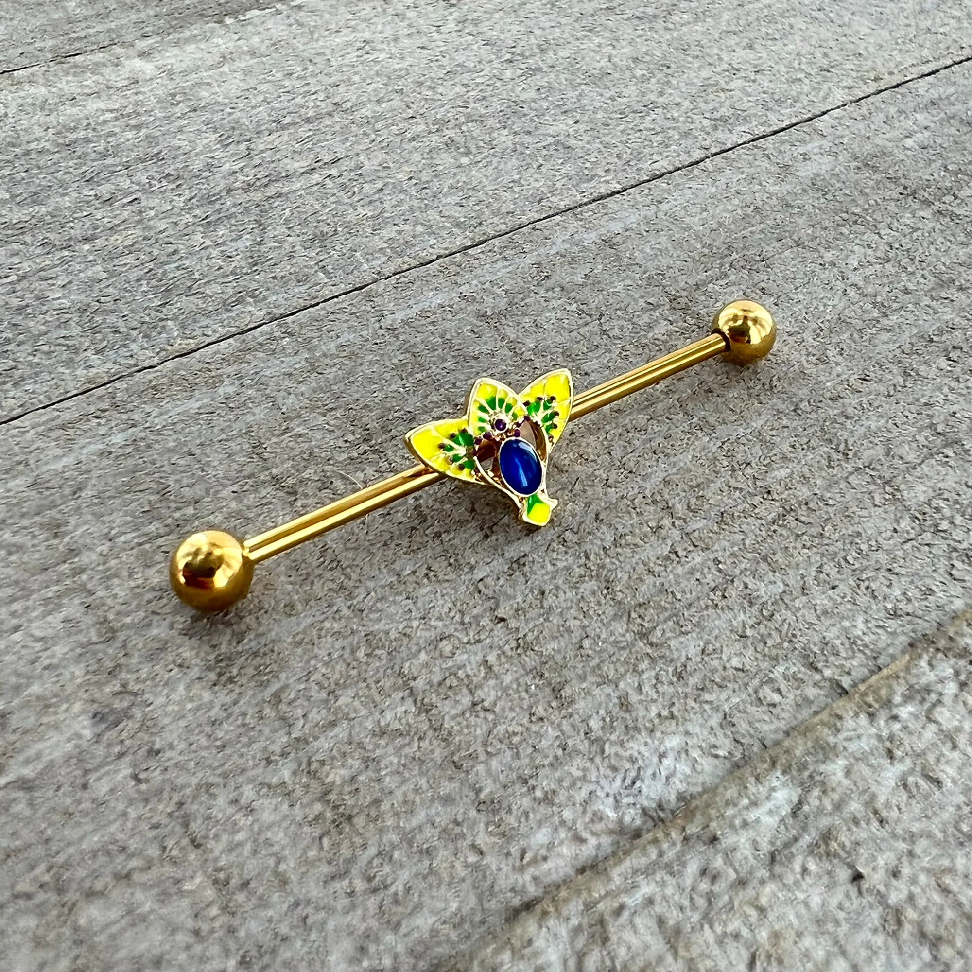 14G Blue Purple Gem Gold Tone Tropic Fan Industrial Barbell 38mm - Image 5