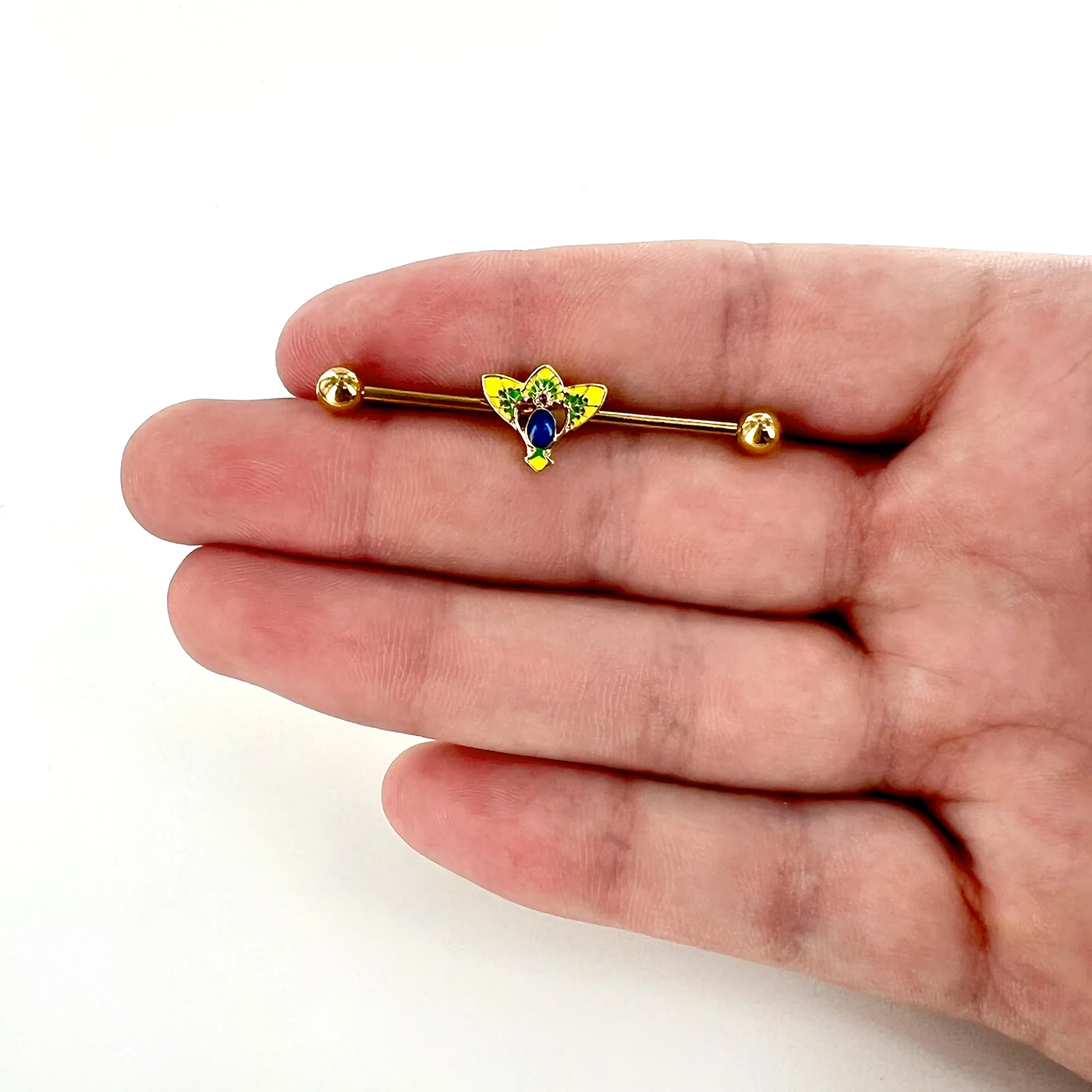 14G Blue Purple Gem Gold Tone Tropic Fan Industrial Barbell 38mm - Image 6