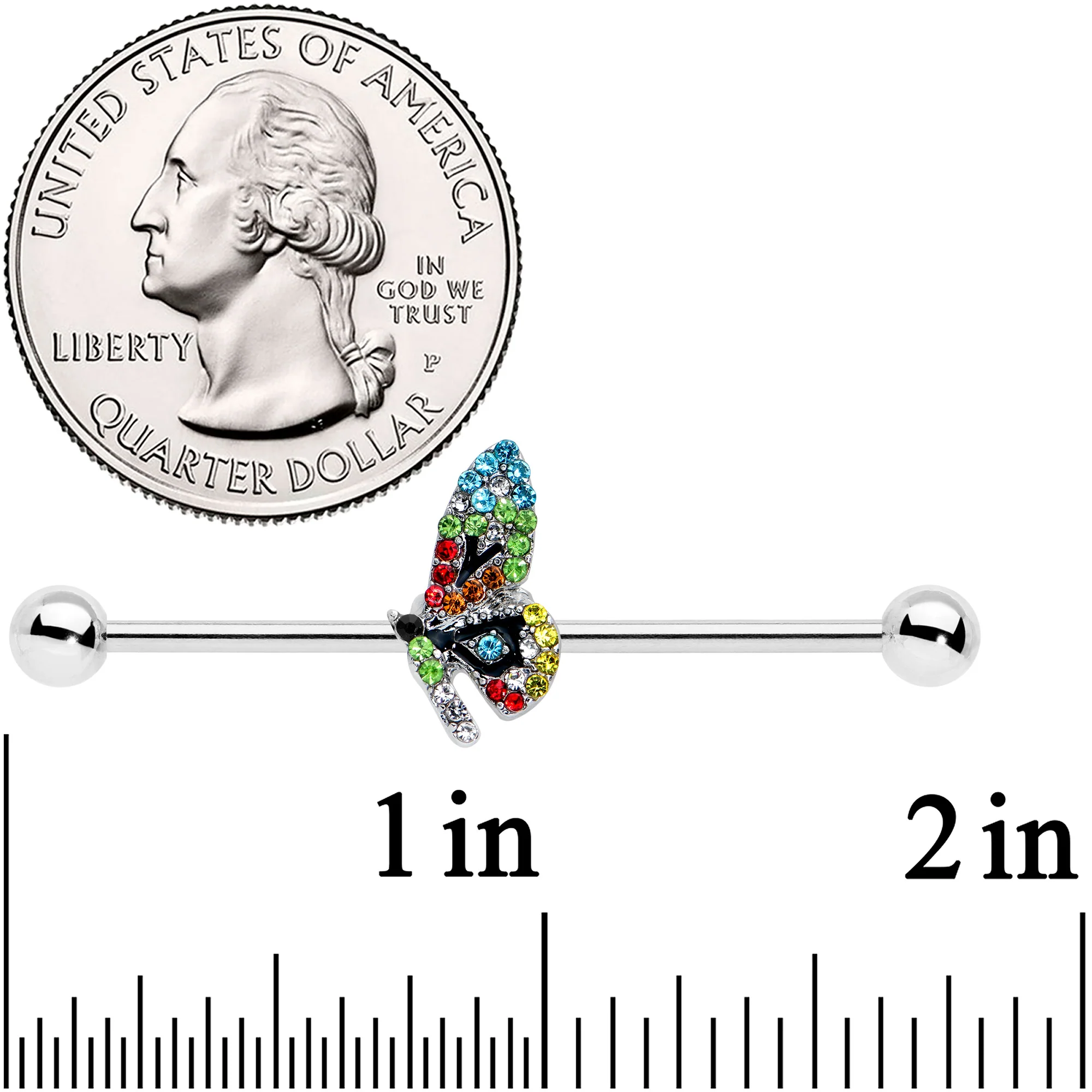 14G Blue Red Green Gem Glitz Dragonfly Industrial Barbell 38mm - Image 2
