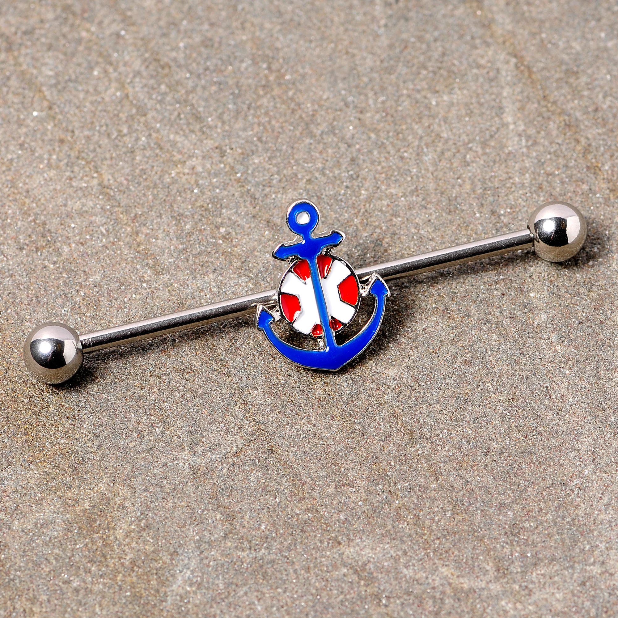 14G Blue Red Life Ring Anchor Nautical Industrial Barbell 38mm - Image 2