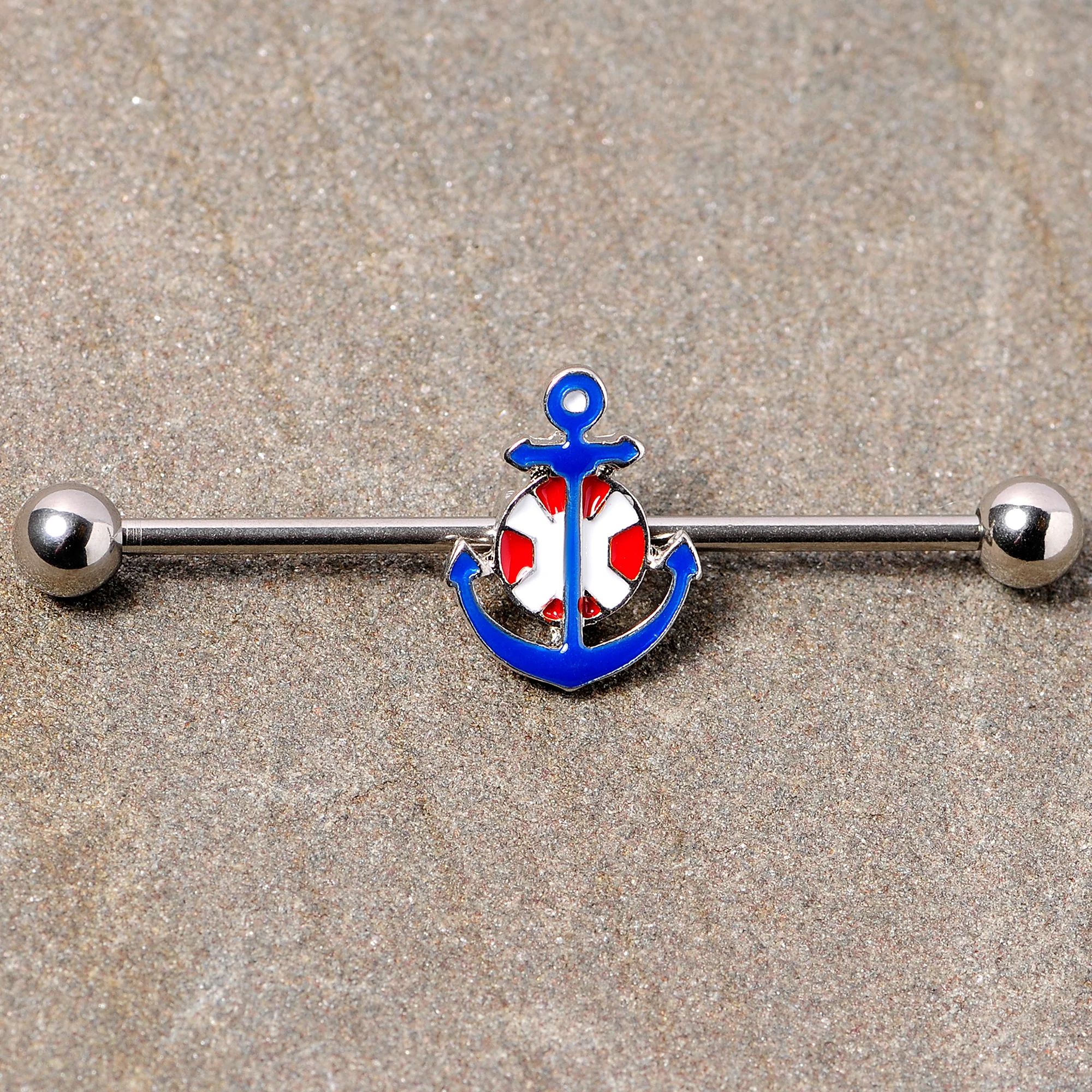 14G Blue Red Life Ring Anchor Nautical Industrial Barbell 38mm - Image 3