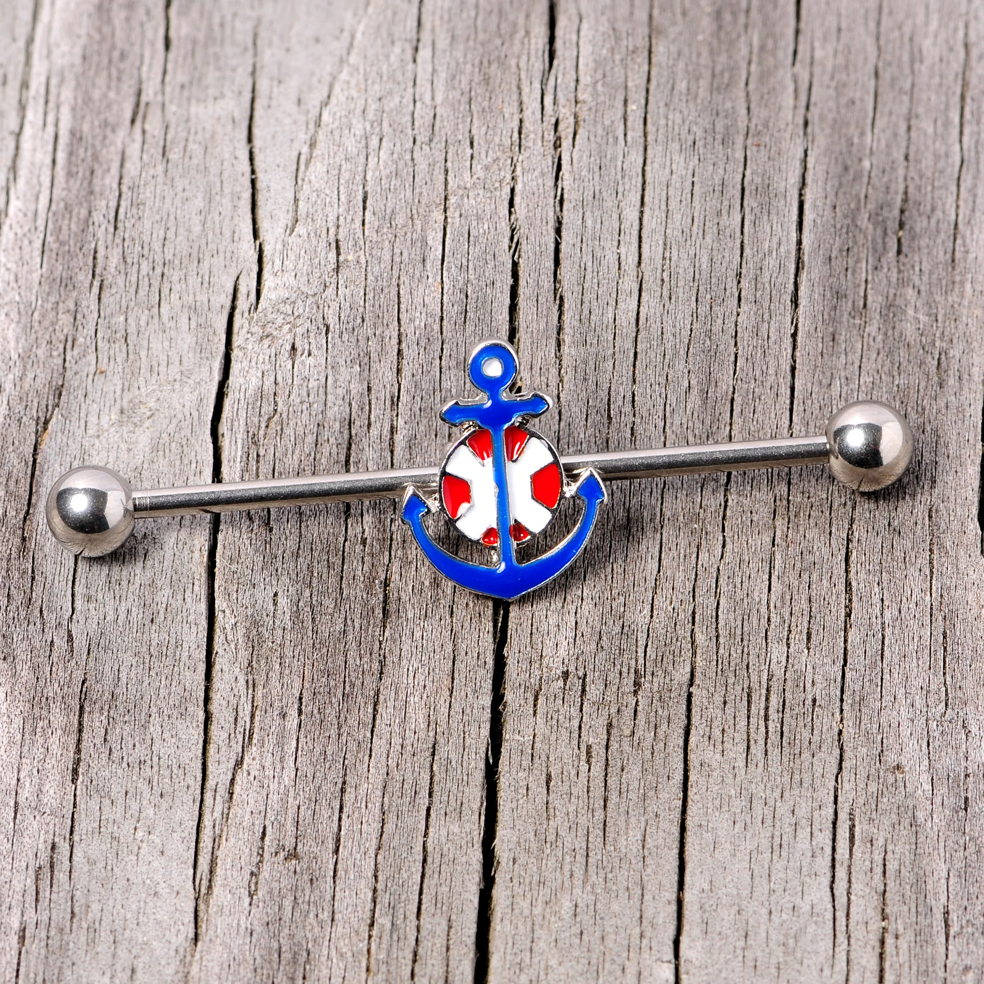 14G Blue Red Life Ring Anchor Nautical Industrial Barbell 38mm - Image 4