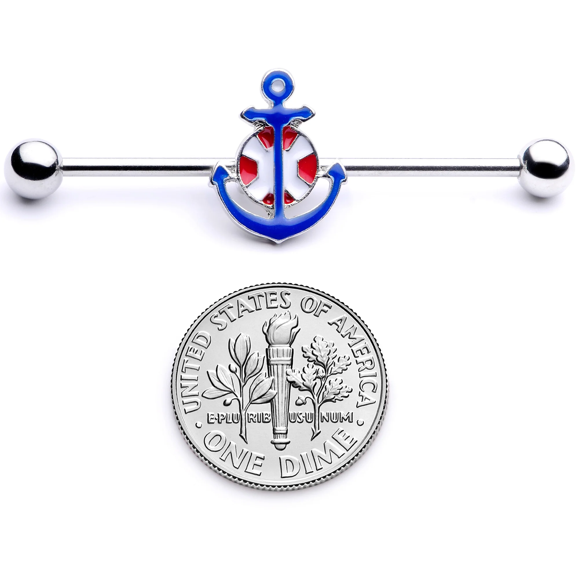 14G Blue Red Life Ring Anchor Nautical Industrial Barbell 38mm - Image 5