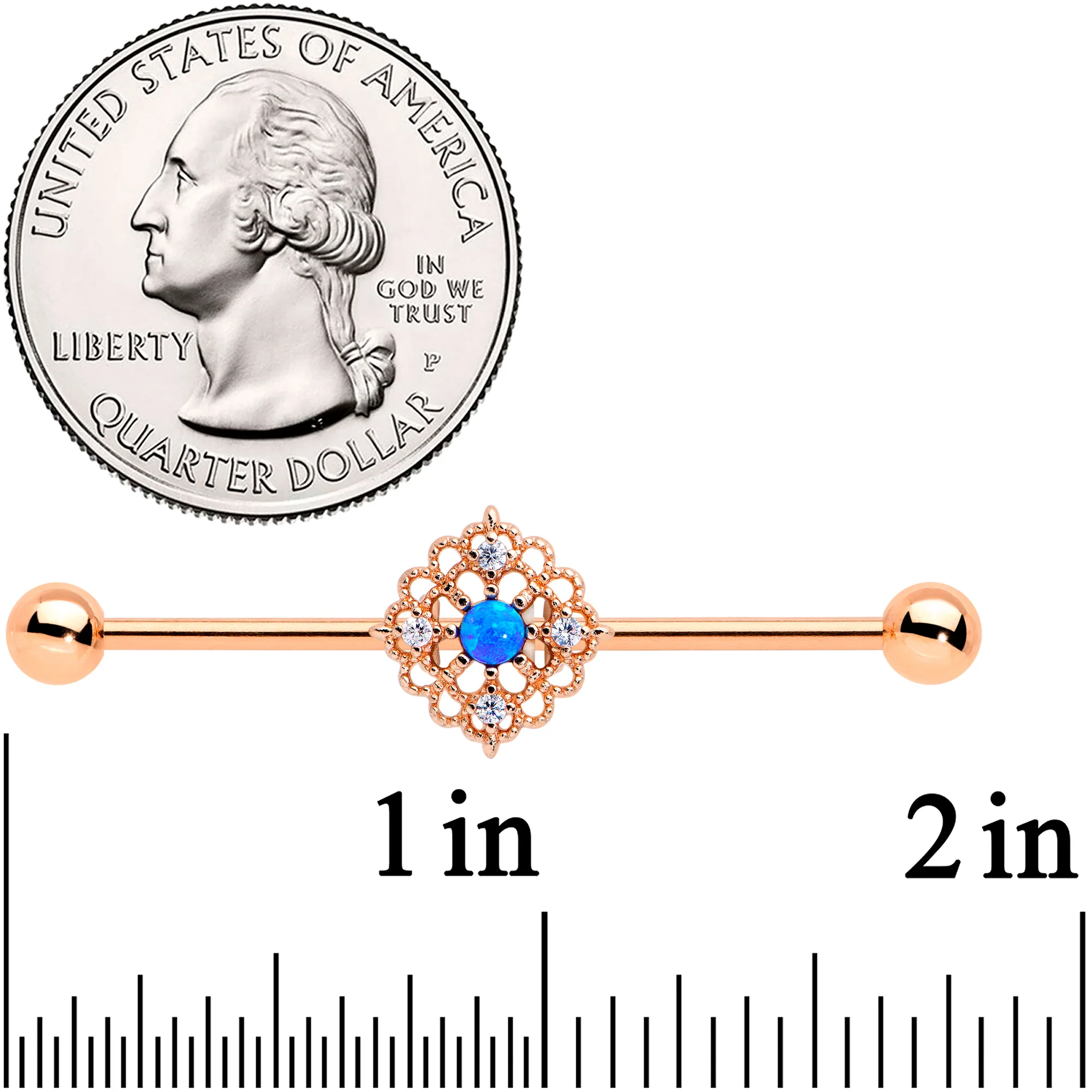 14G Blue Synth Opal Rose Gold Tone Lacy Industrial Barbell 38mm - Image 2