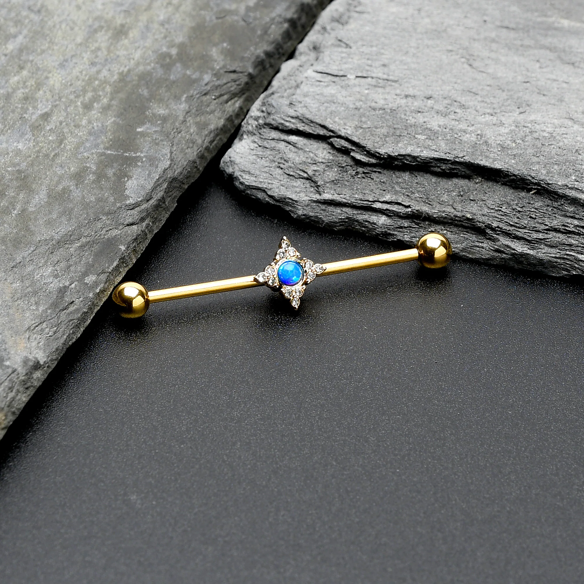 14G Blue Synthetic Opal Gold Tone Rhombus Industrial Barbell 38mm - Image 4