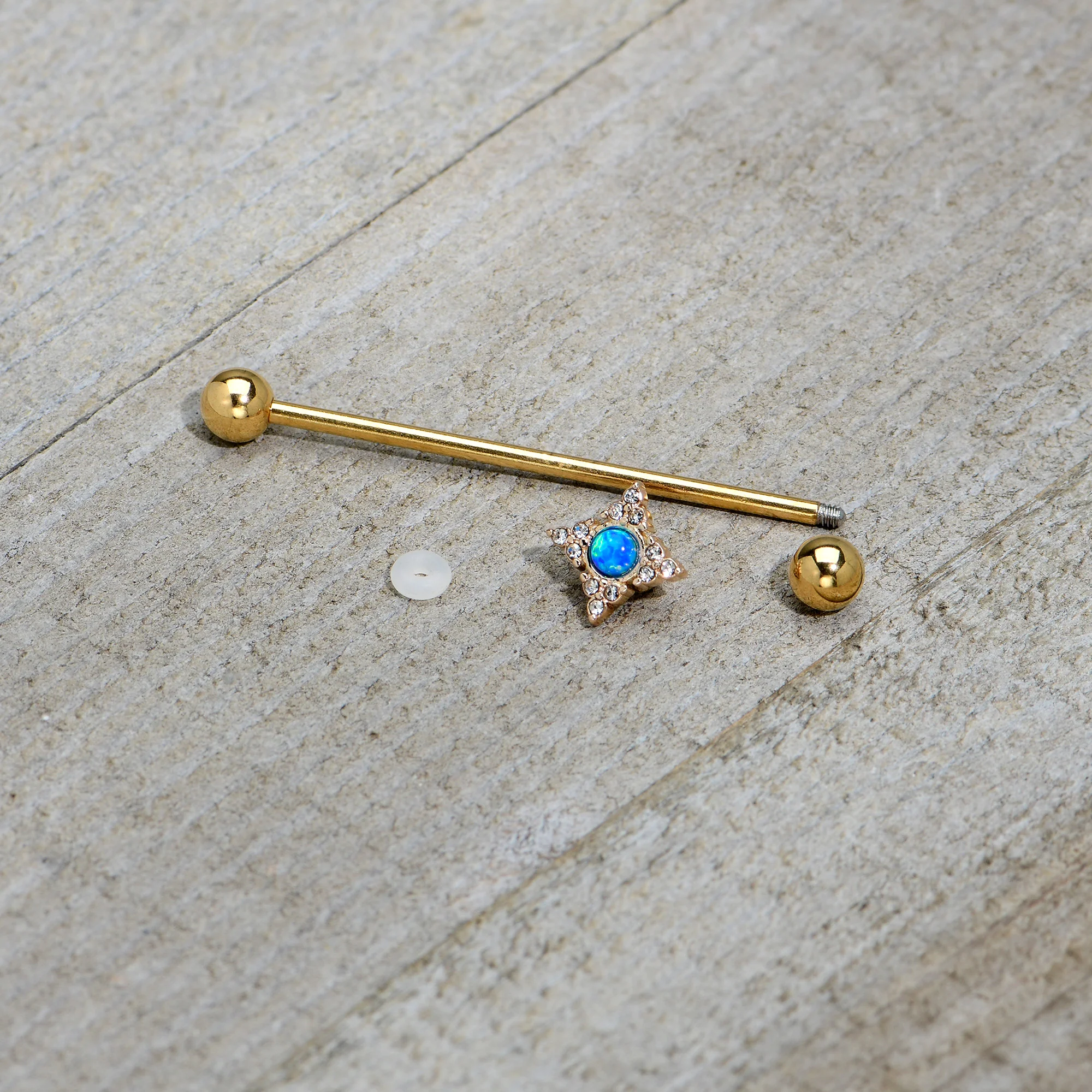 14G Blue Synthetic Opal Gold Tone Rhombus Industrial Barbell 38mm - Image 6