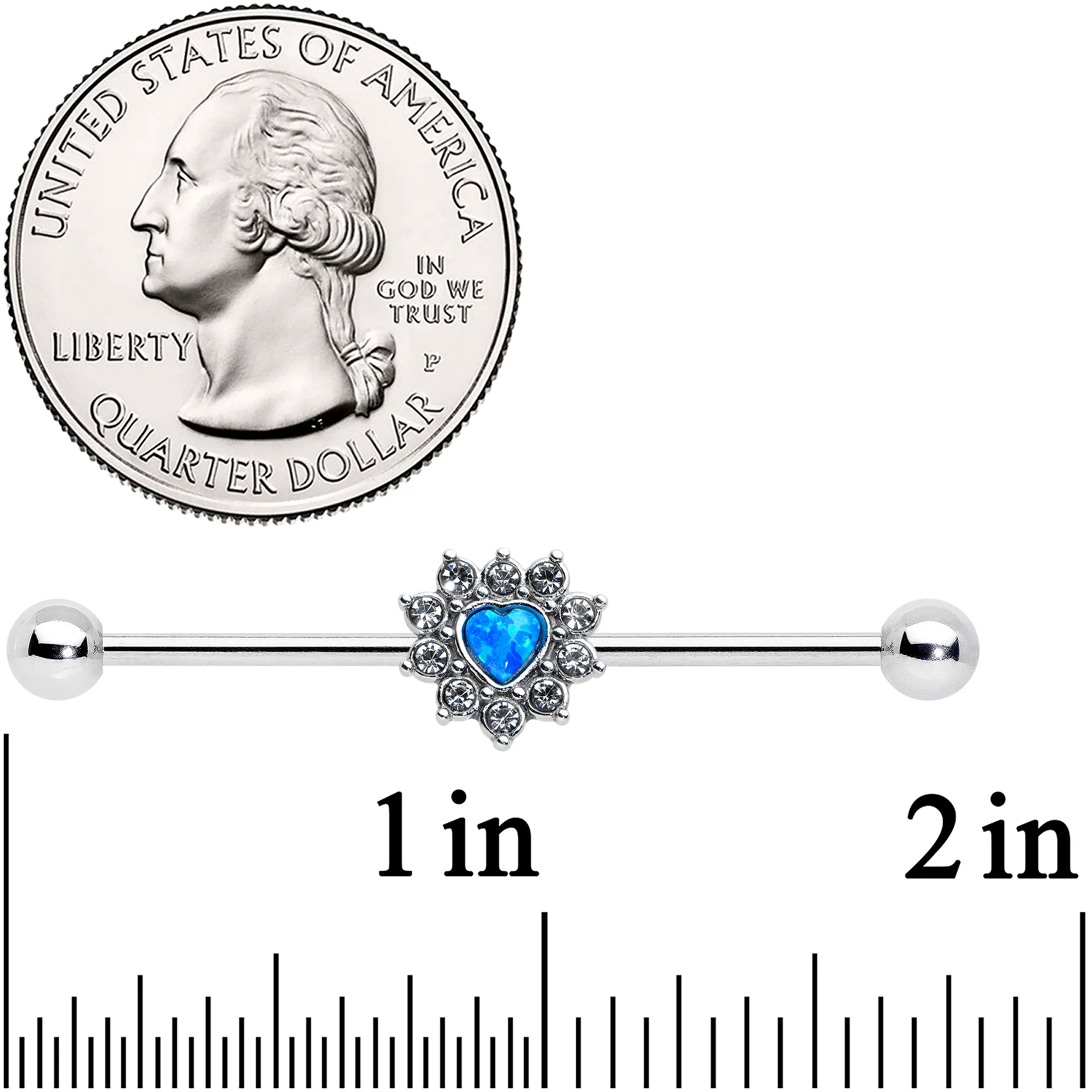 14G Blue Synthetic Opal Sun Heart Industrial Barbell 38mm - Image 2