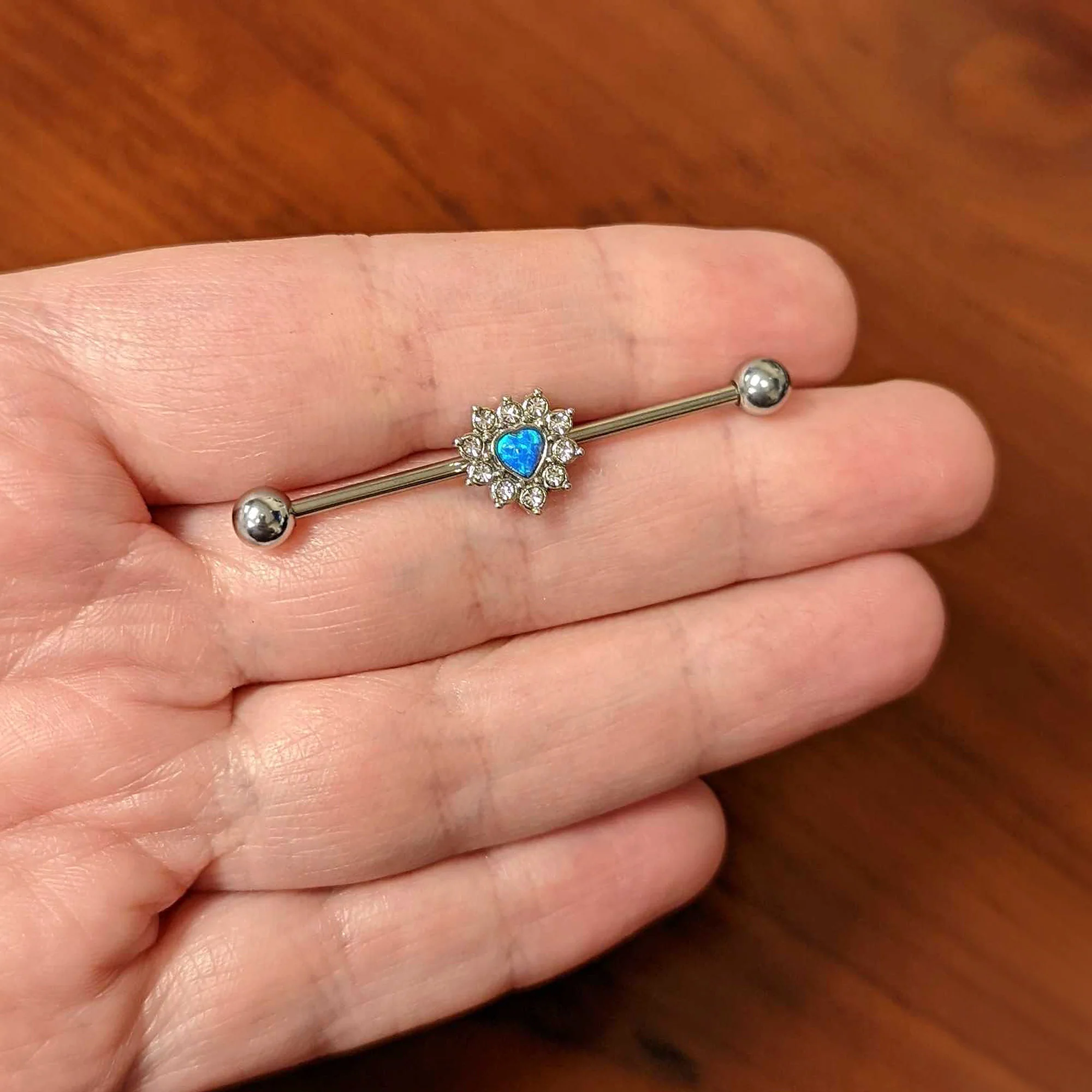 14G Blue Synthetic Opal Sun Heart Industrial Barbell 38mm - Image 3
