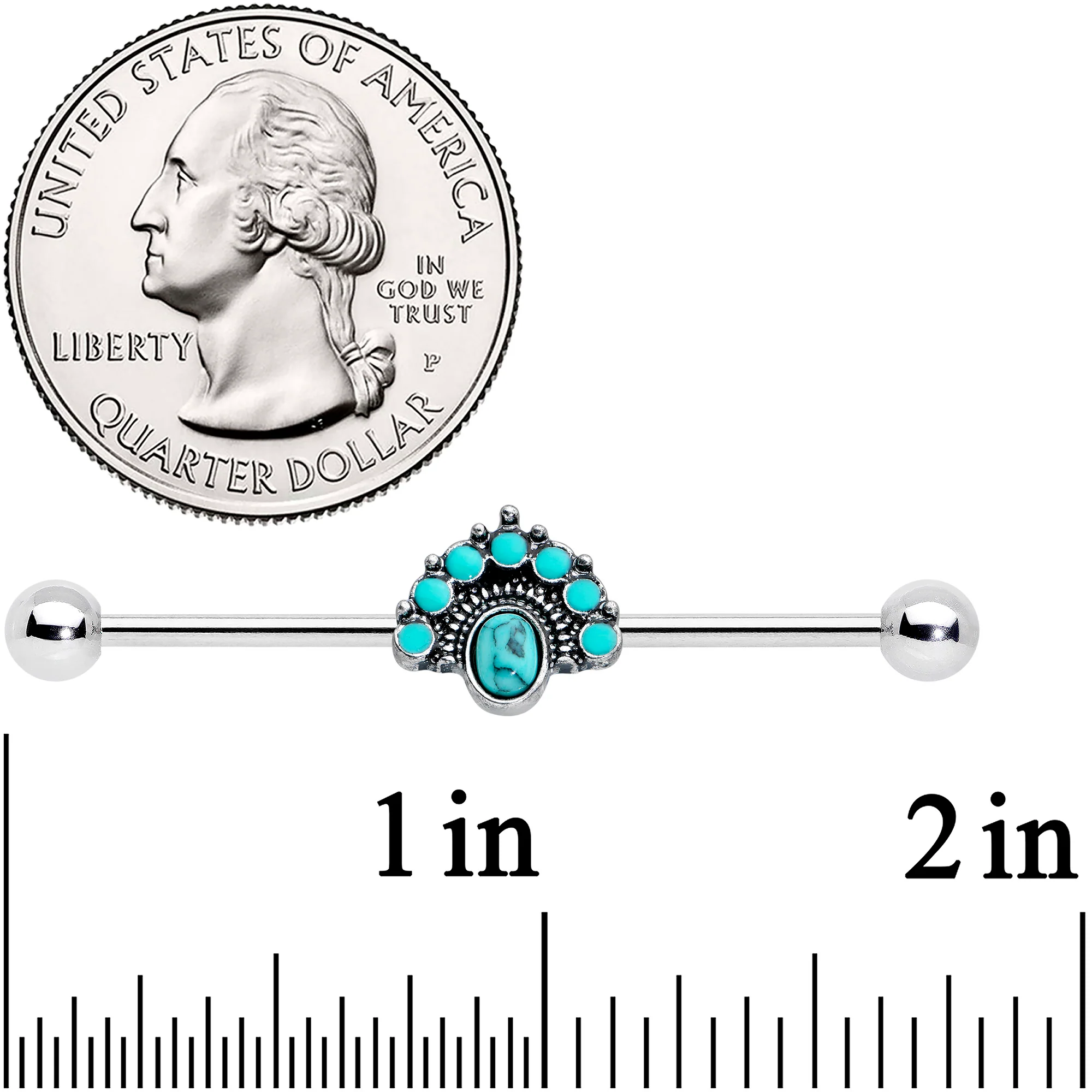 14G Blue Turquoise Stone Southwest Shield Industrial Barbell 38mm - Image 2