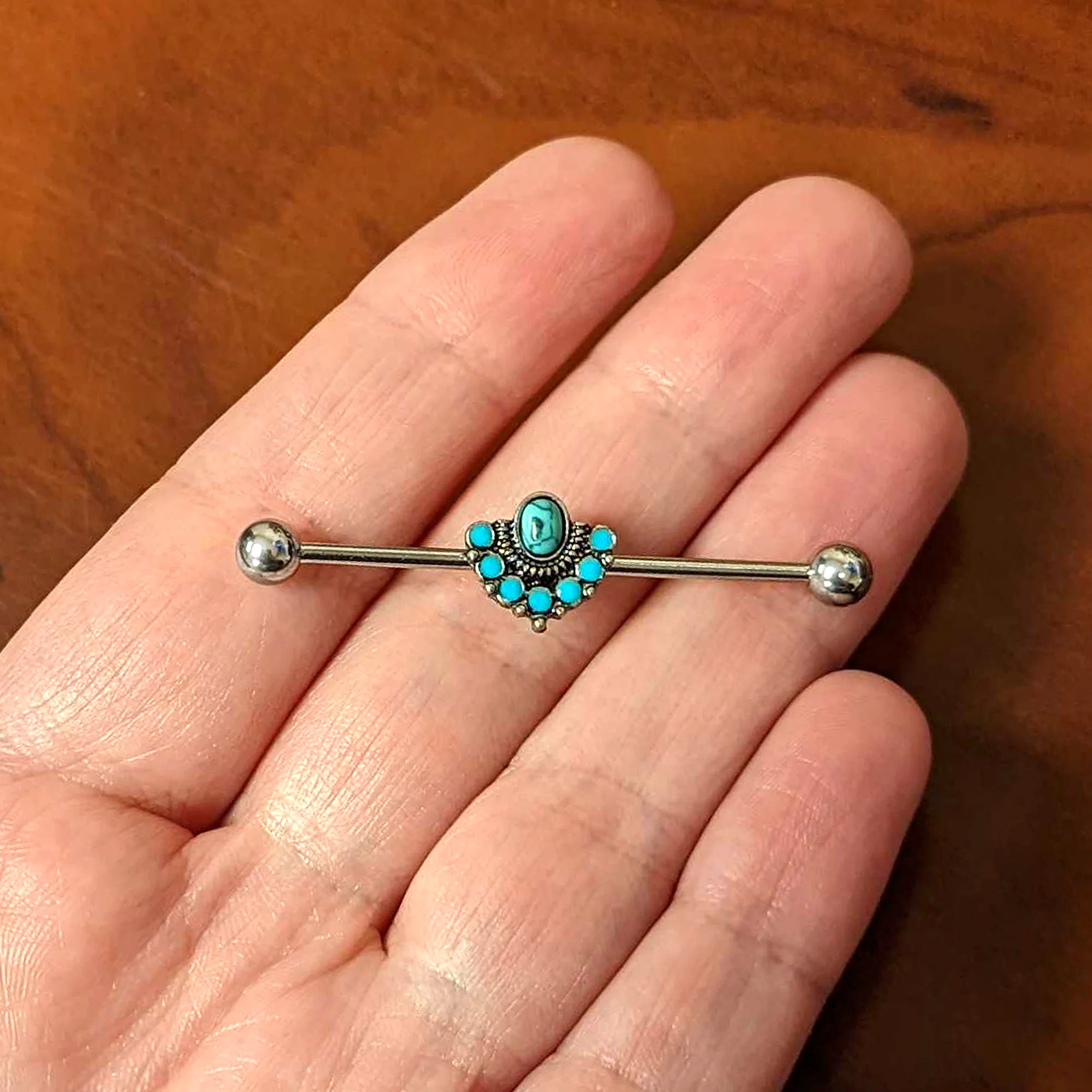 14G Blue Turquoise Stone Southwest Shield Industrial Barbell 38mm - Image 3