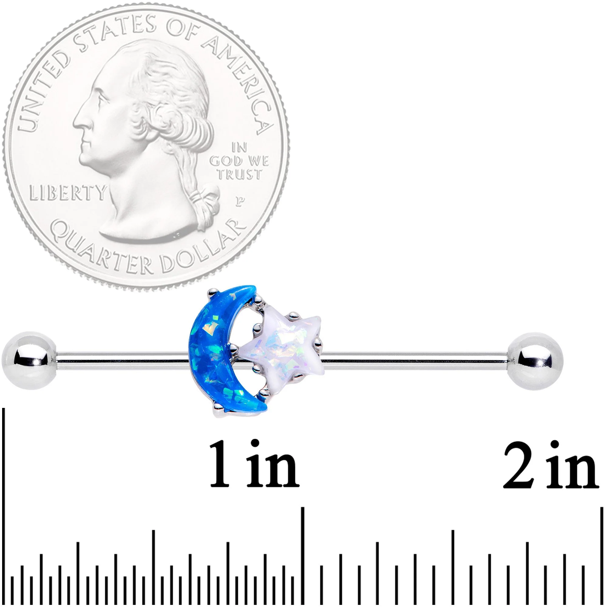 14G Blue White Faux Opal Starry Moon Industrial Barbell 38mm - Image 2