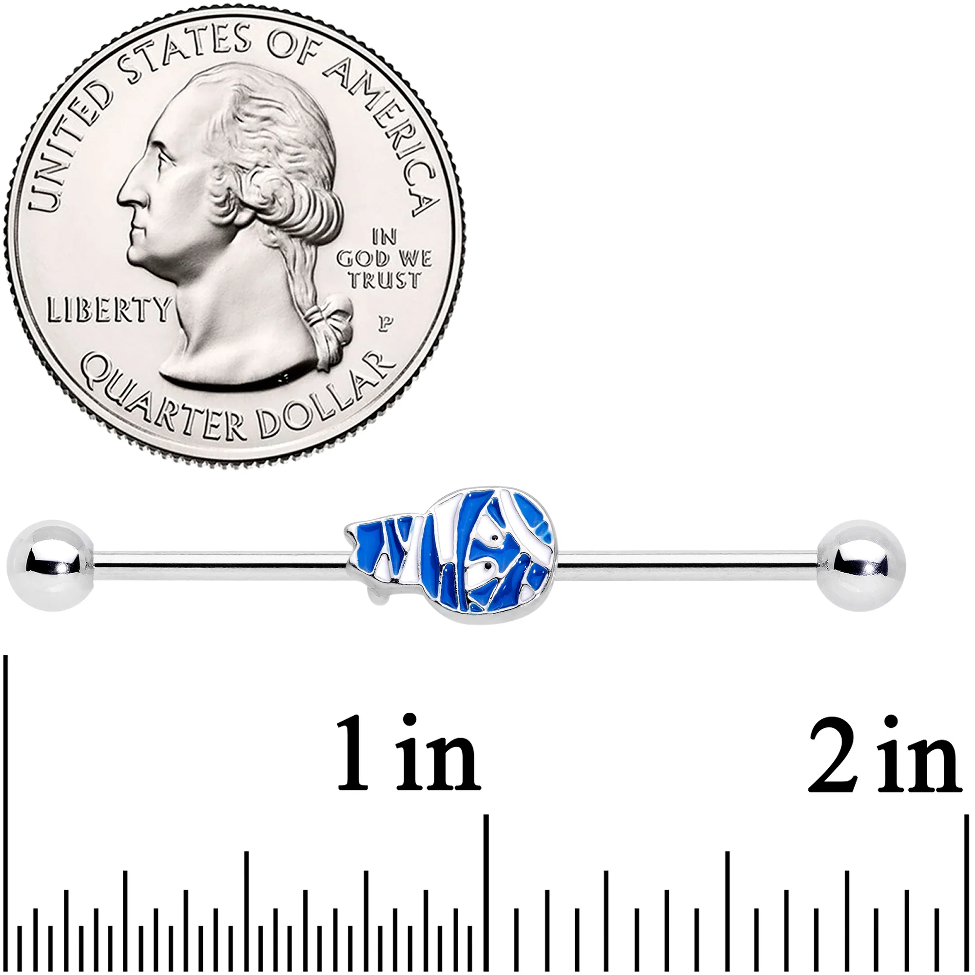 14G Blue White Mummy Halloween Industrial Barbell 38mm - Image 2