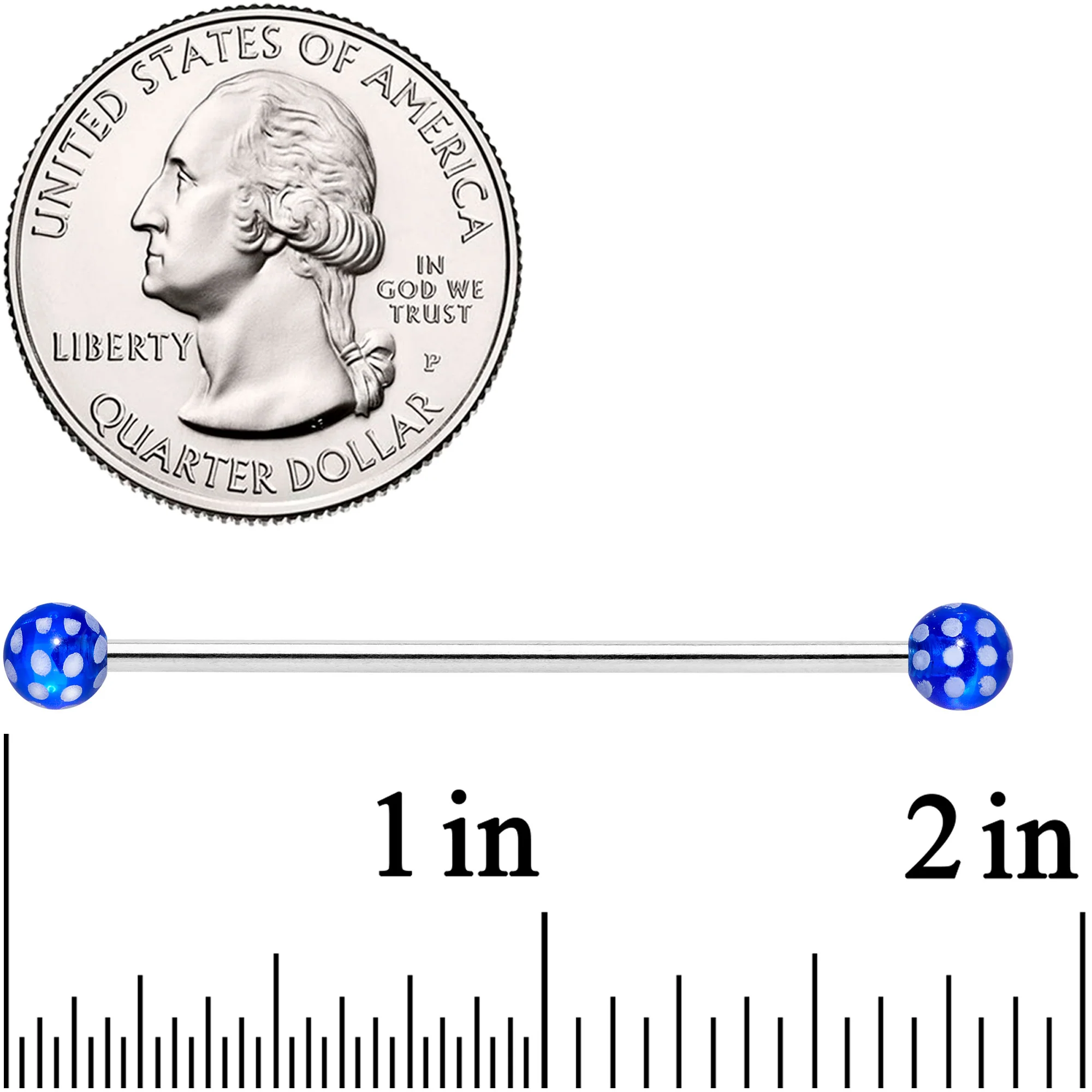14G Blue White Polka Dot UV Industrial Barbell 38mm - Image 2