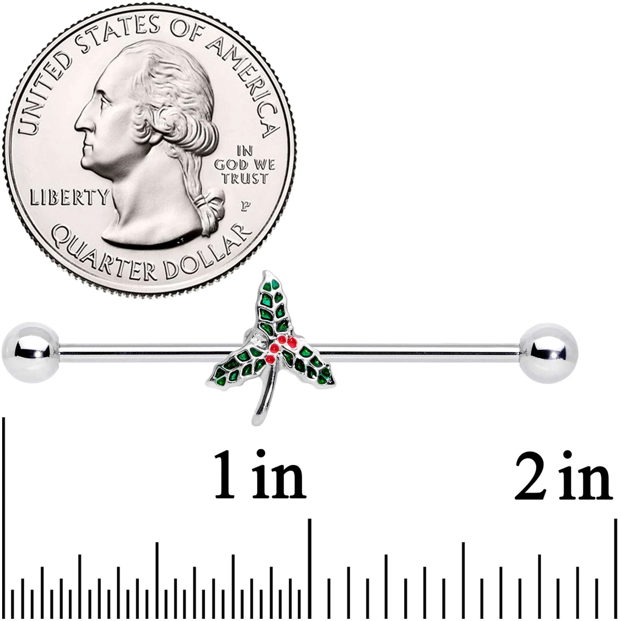 14G Christmas Mistletoe Industrial Barbell 38mm - Image 3