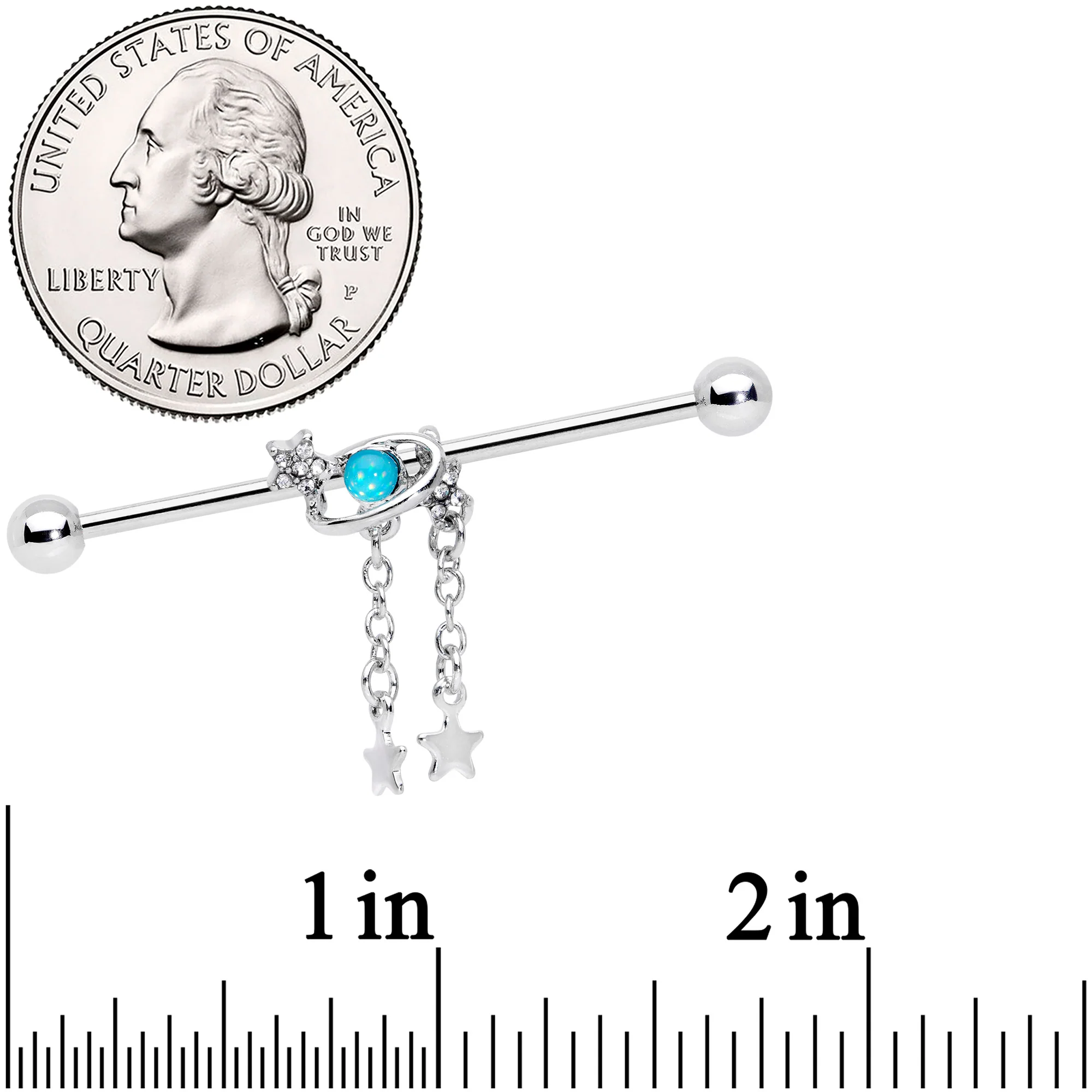14G Clear Aqua Gem Saturn Stars Dangle Industrial Barbell 38mm - Image 2
