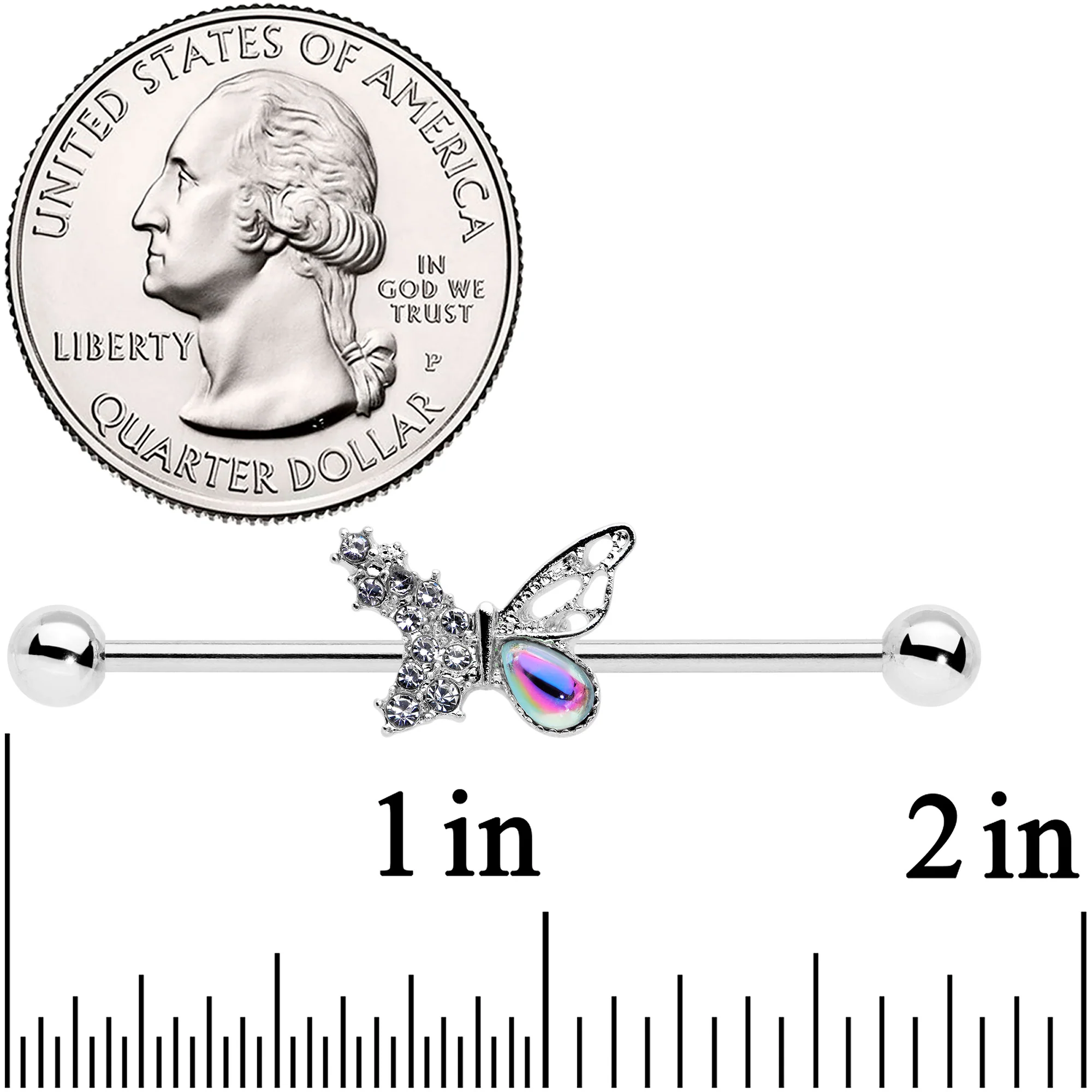 14G Clear Aurora Gem Super Glam Butterfly Industrial Barbell 38mm - Image 2