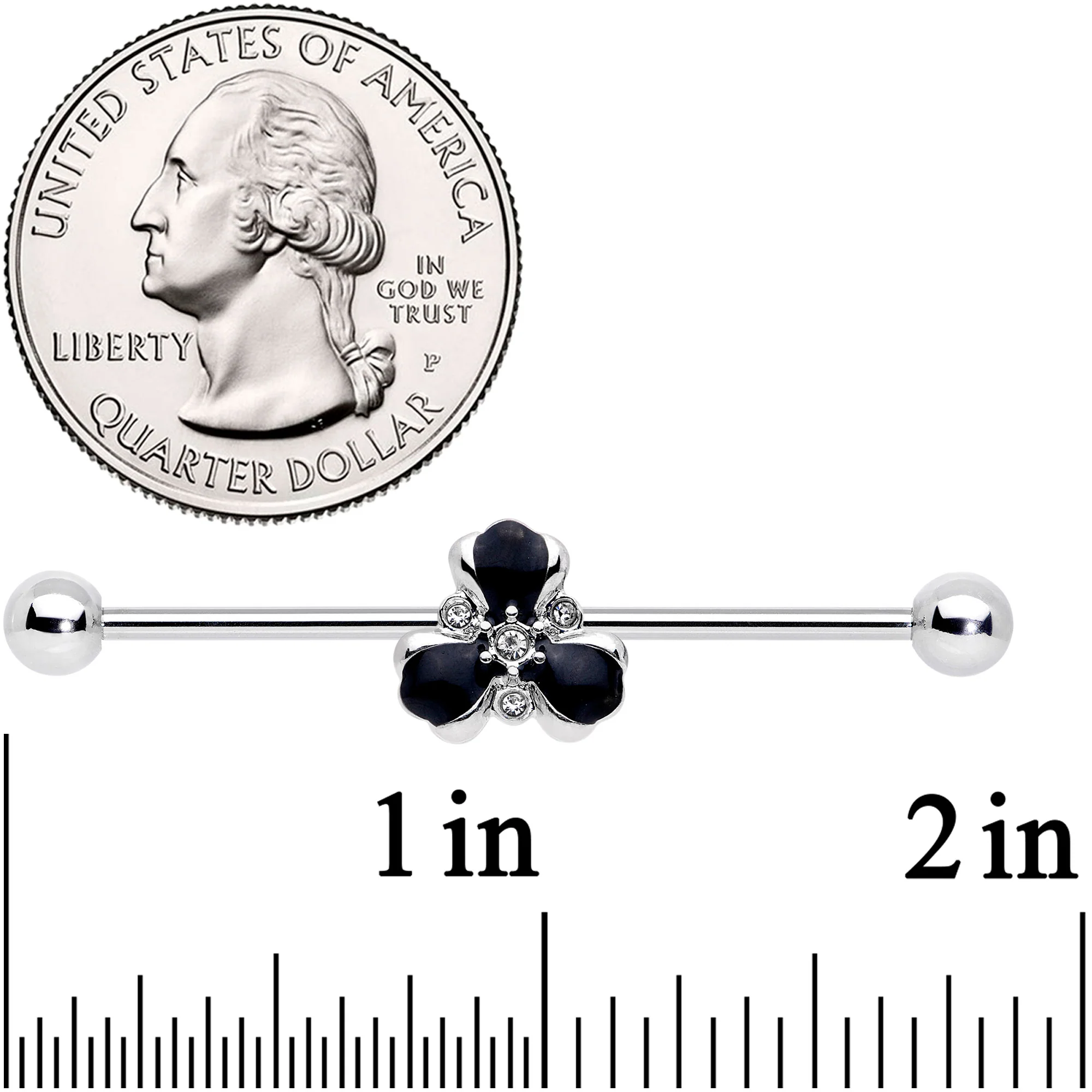 14G Clear Black Gem Abstract Flower Industrial Barbell 38mm - Image 2