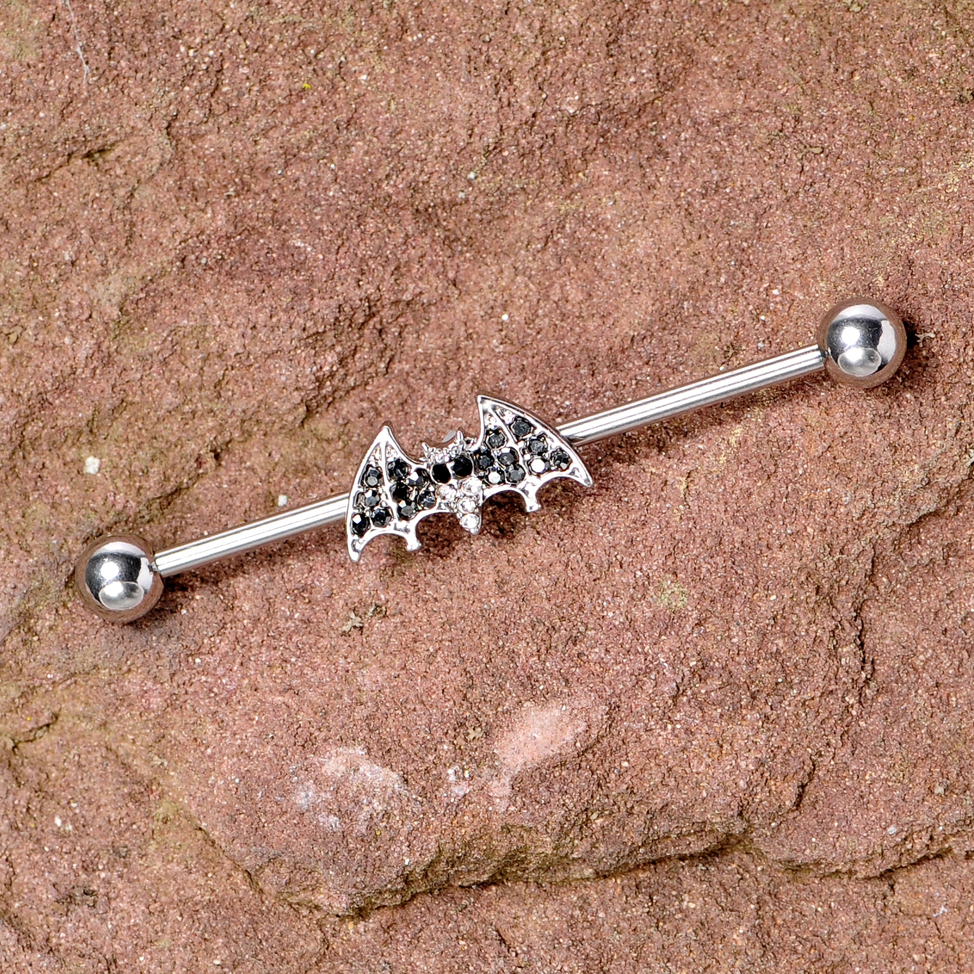 14G Clear Black Gem Bat Halloween Industrial Barbell 38mm - Image 3