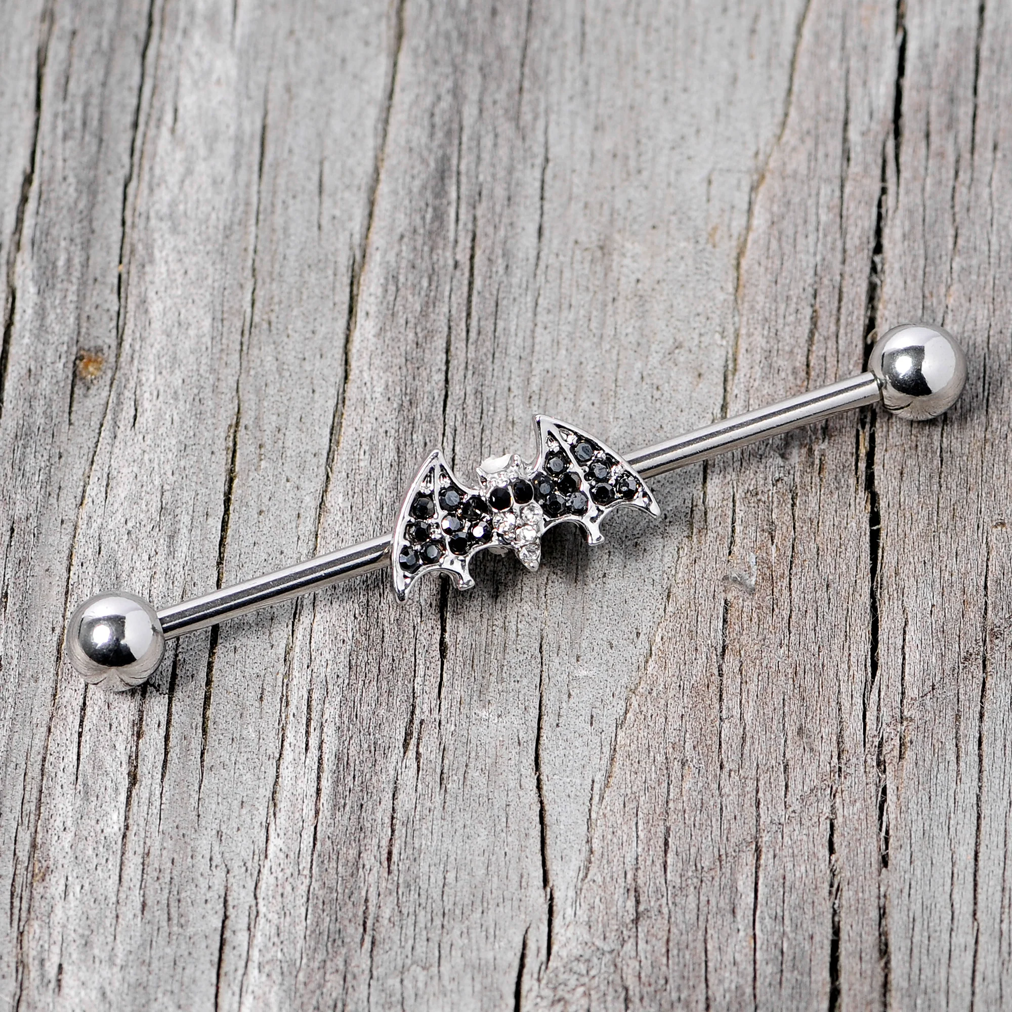 14G Clear Black Gem Bat Halloween Industrial Barbell 38mm - Image 4
