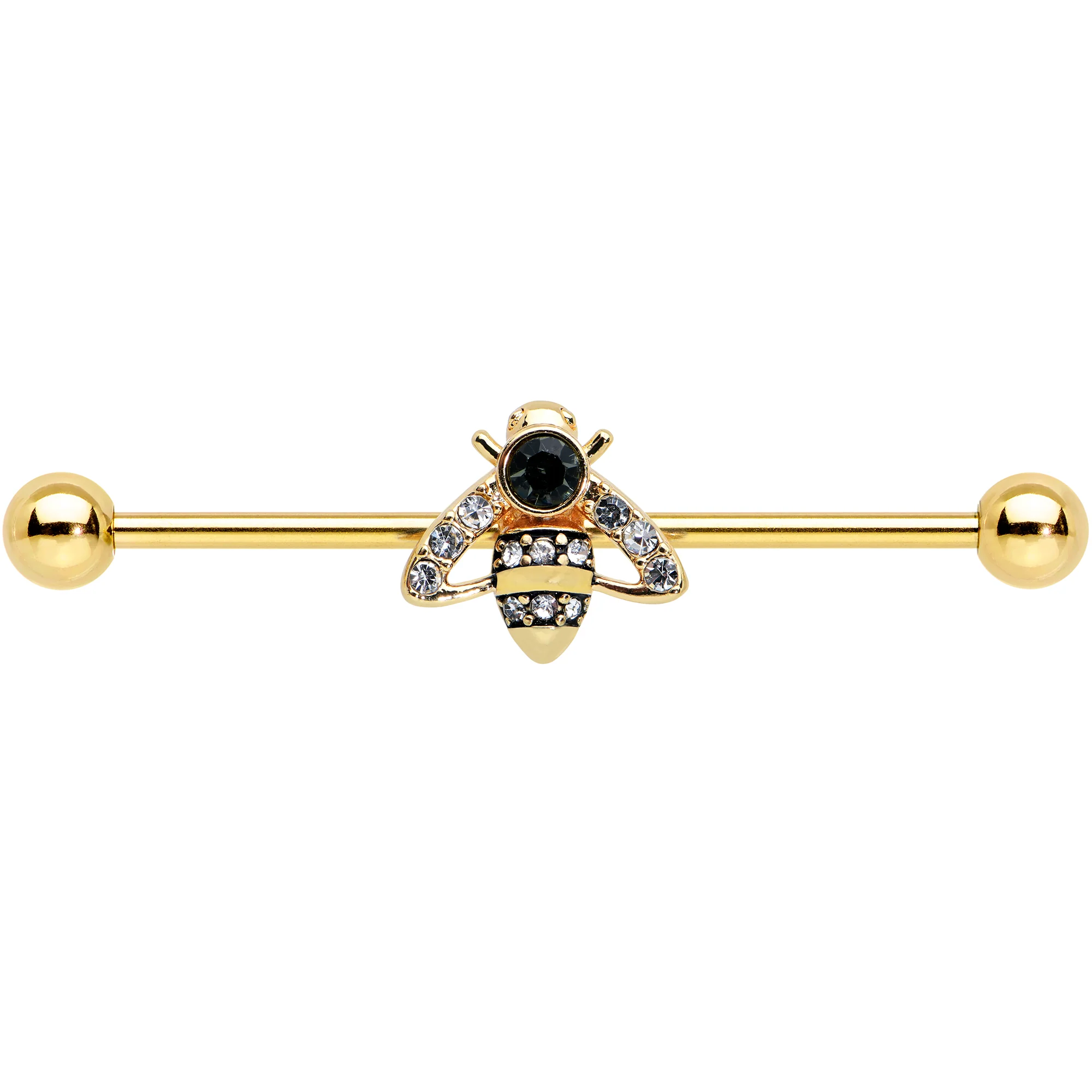 14G Clear Black Gem Gold Tone Angular Bee Industrial Barbell 38mm - Image 2