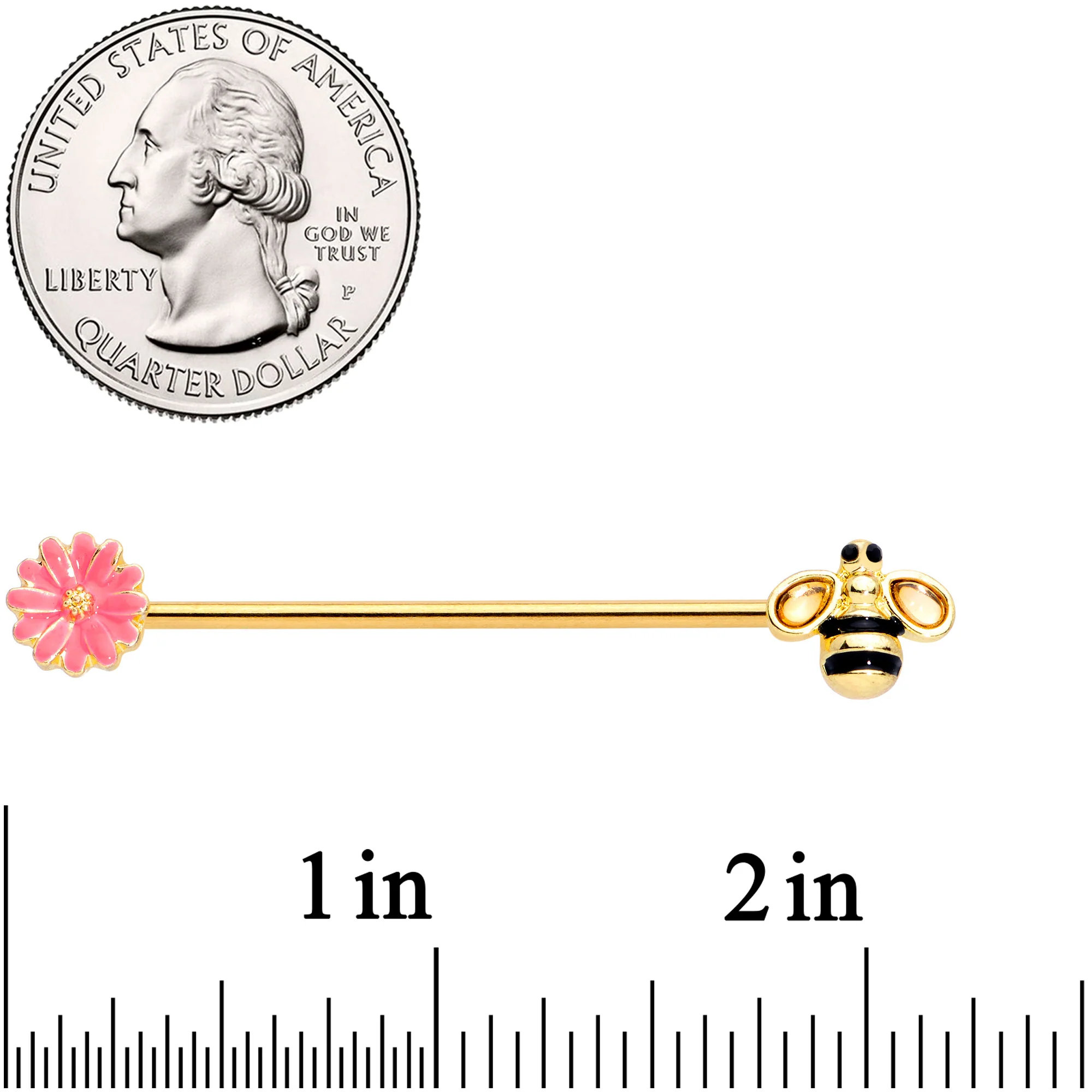 14G Clear Black Gem Gold Tone Bee Floral Industrial Barbell 38mm - Image 3
