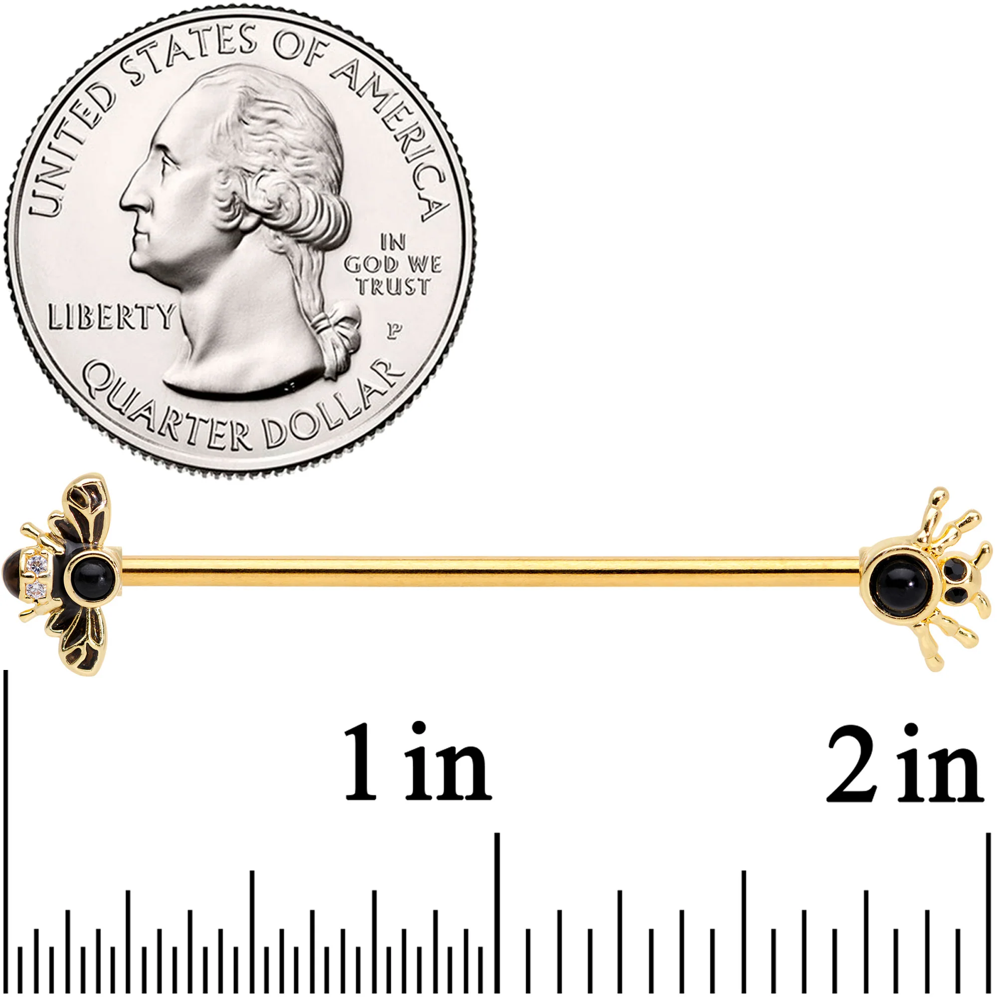 14G Clear Black Gem Gold Tone Bug Out Bee Insect Industrial Barbell 38mm - Image 4