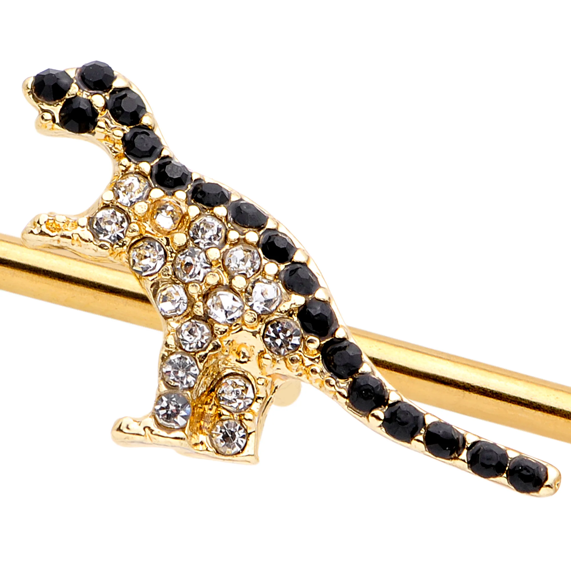 14G Clear Black Gem Gold Tone Dinosaur Industrial Barbell 38mm - Image 2