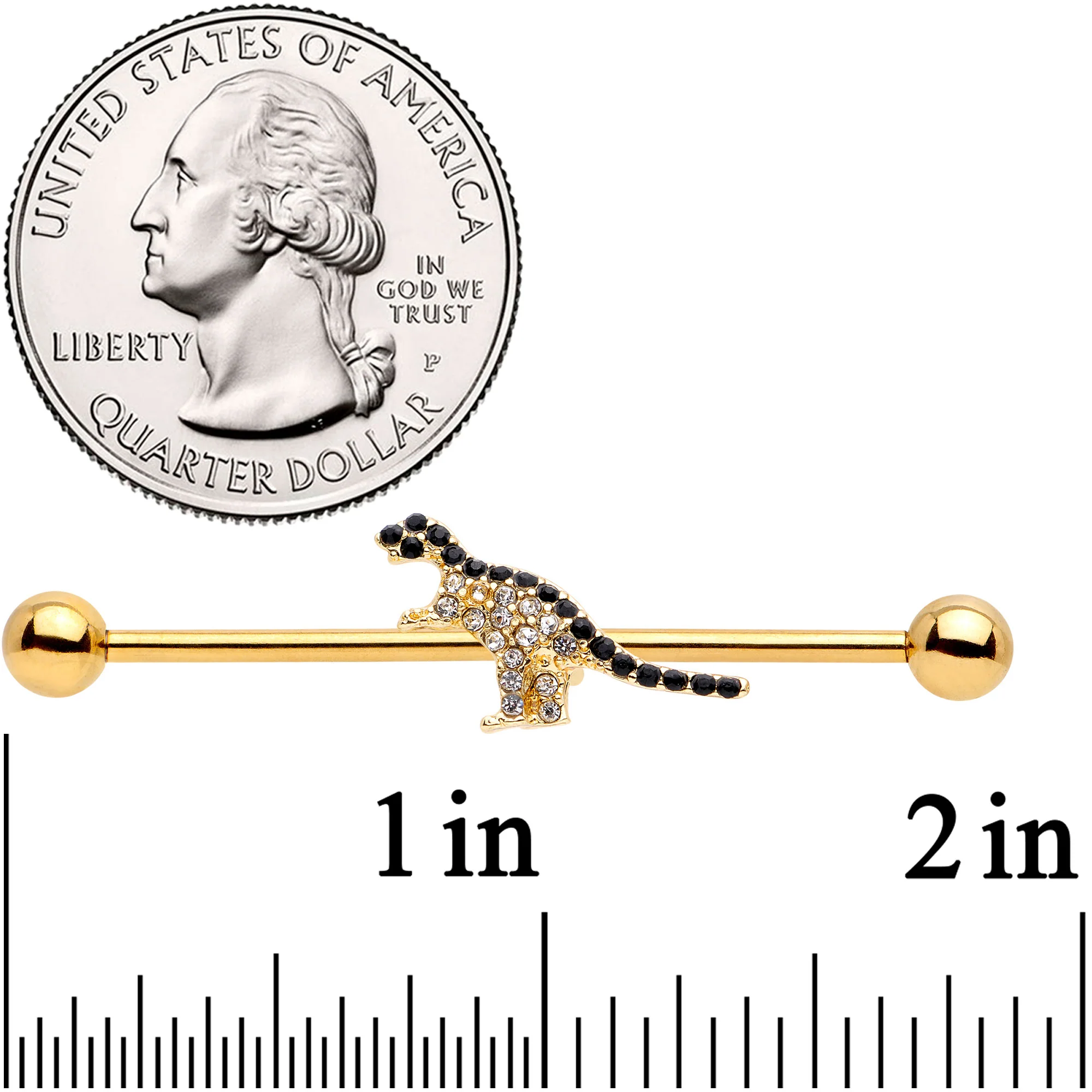 14G Clear Black Gem Gold Tone Dinosaur Industrial Barbell 38mm - Image 3