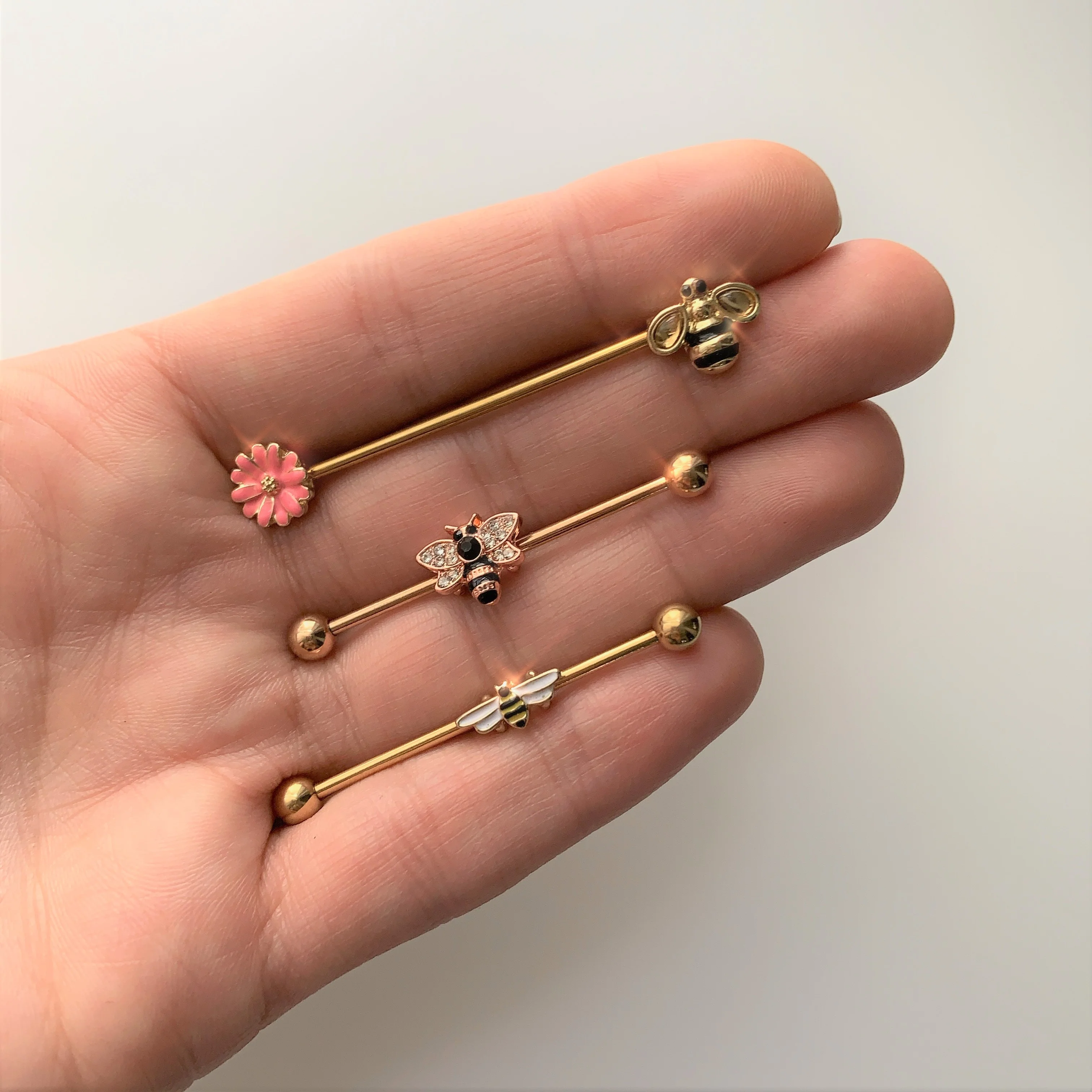 14G Clear Black Gem Rose Gold Tone Bee Industrial Barbell 38mm - Image 2