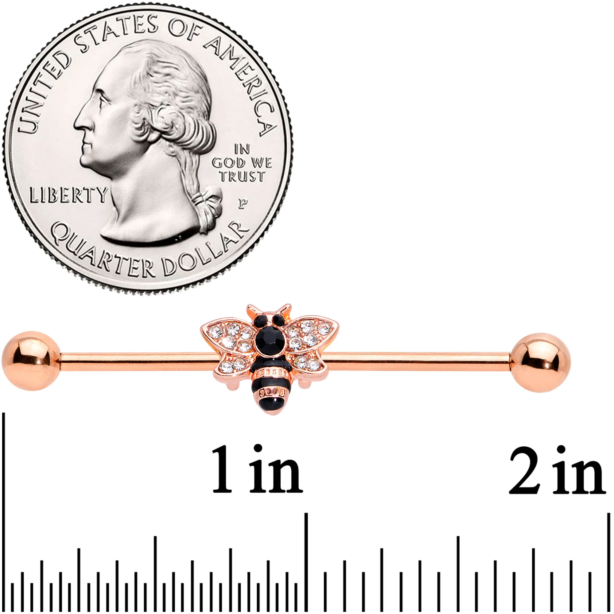 14G Clear Black Gem Rose Gold Tone Bee Industrial Barbell 38mm - Image 3