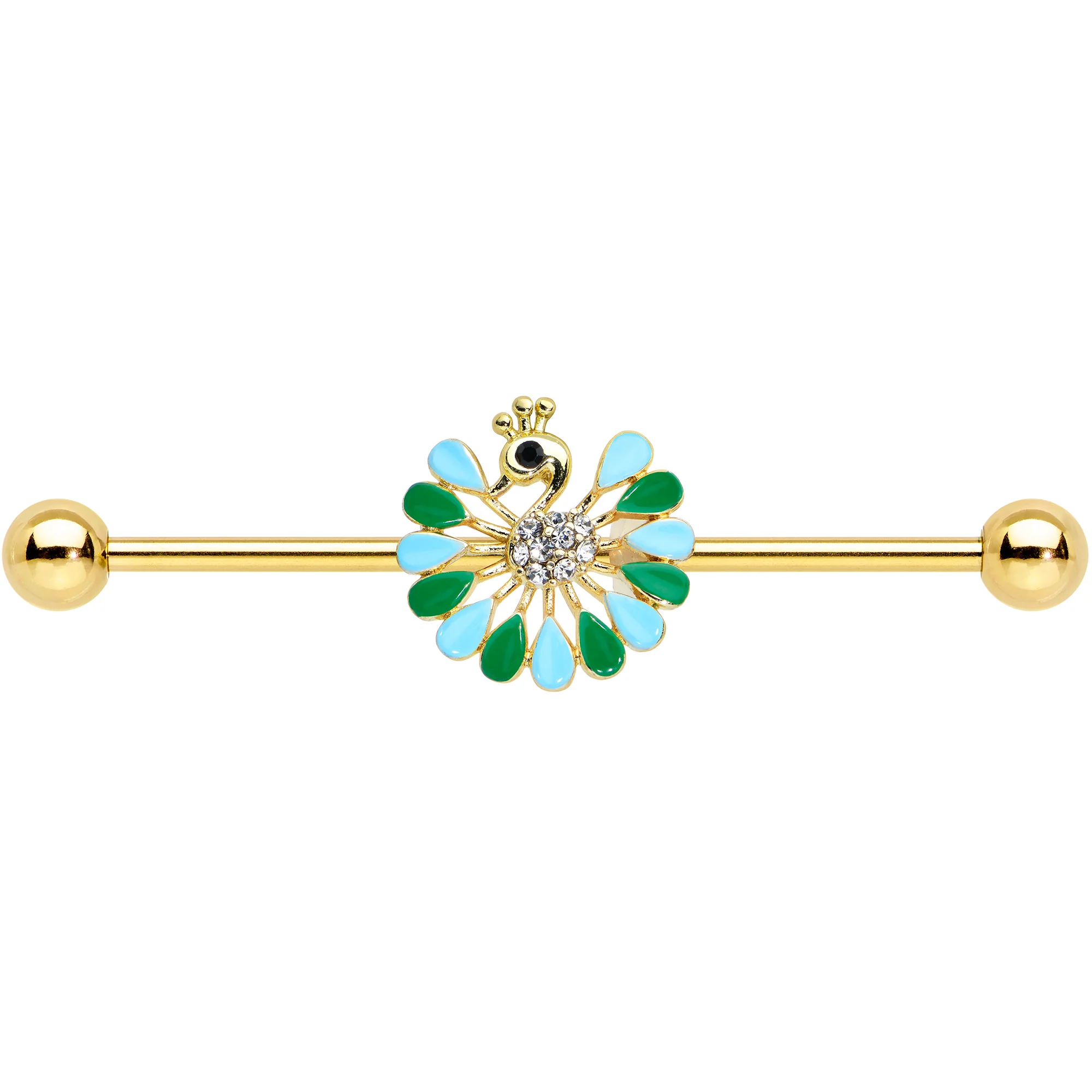14G Clear Black Gold Tone Pretty Peacock Industrial Barbell 38mm - Image 2