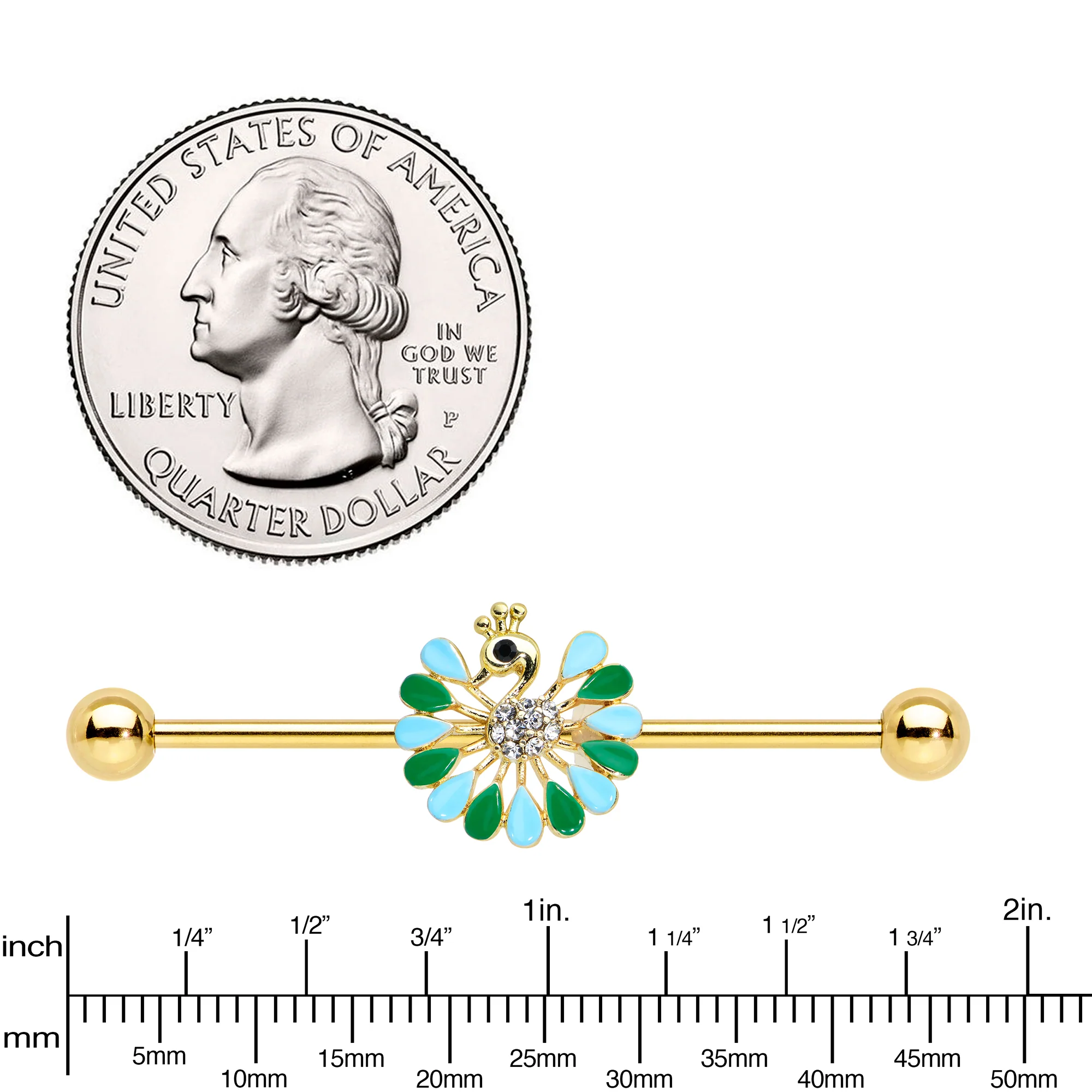 14G Clear Black Gold Tone Pretty Peacock Industrial Barbell 38mm - Image 3