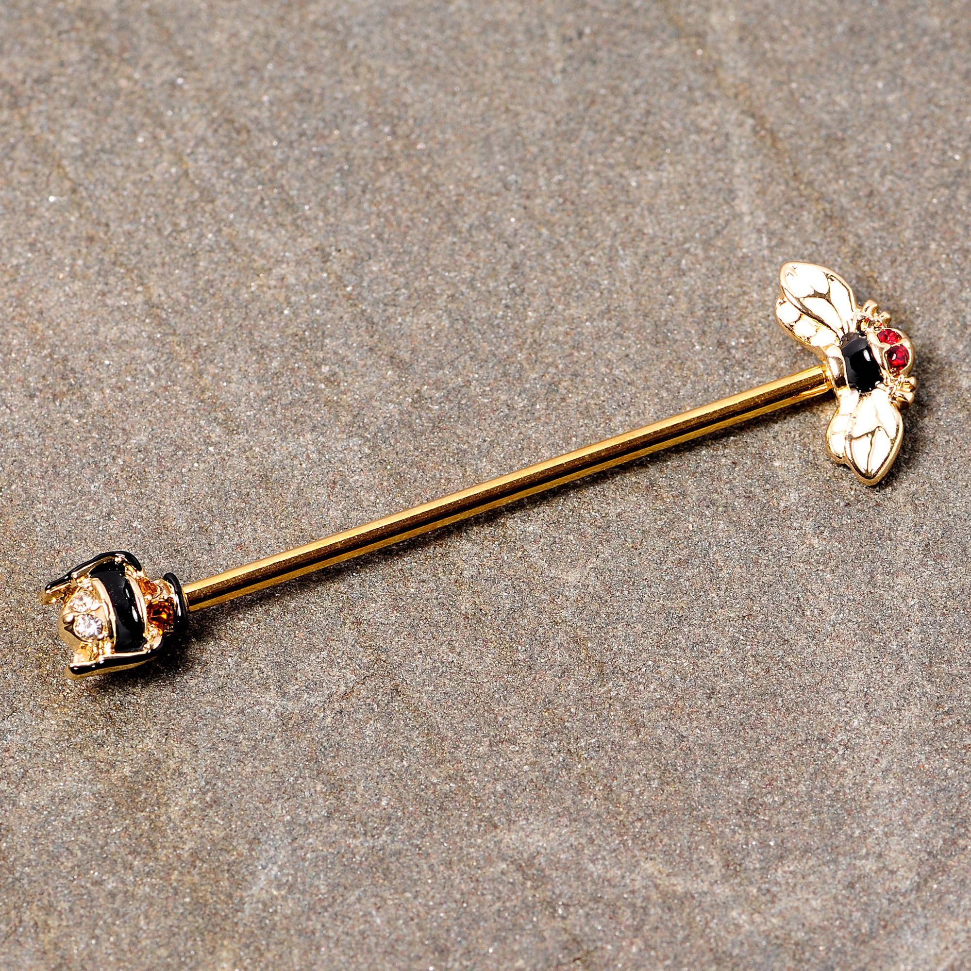 14G Clear Black Yellow Gem Gold Tone Bee Industrial Barbell 38mm - Image 2