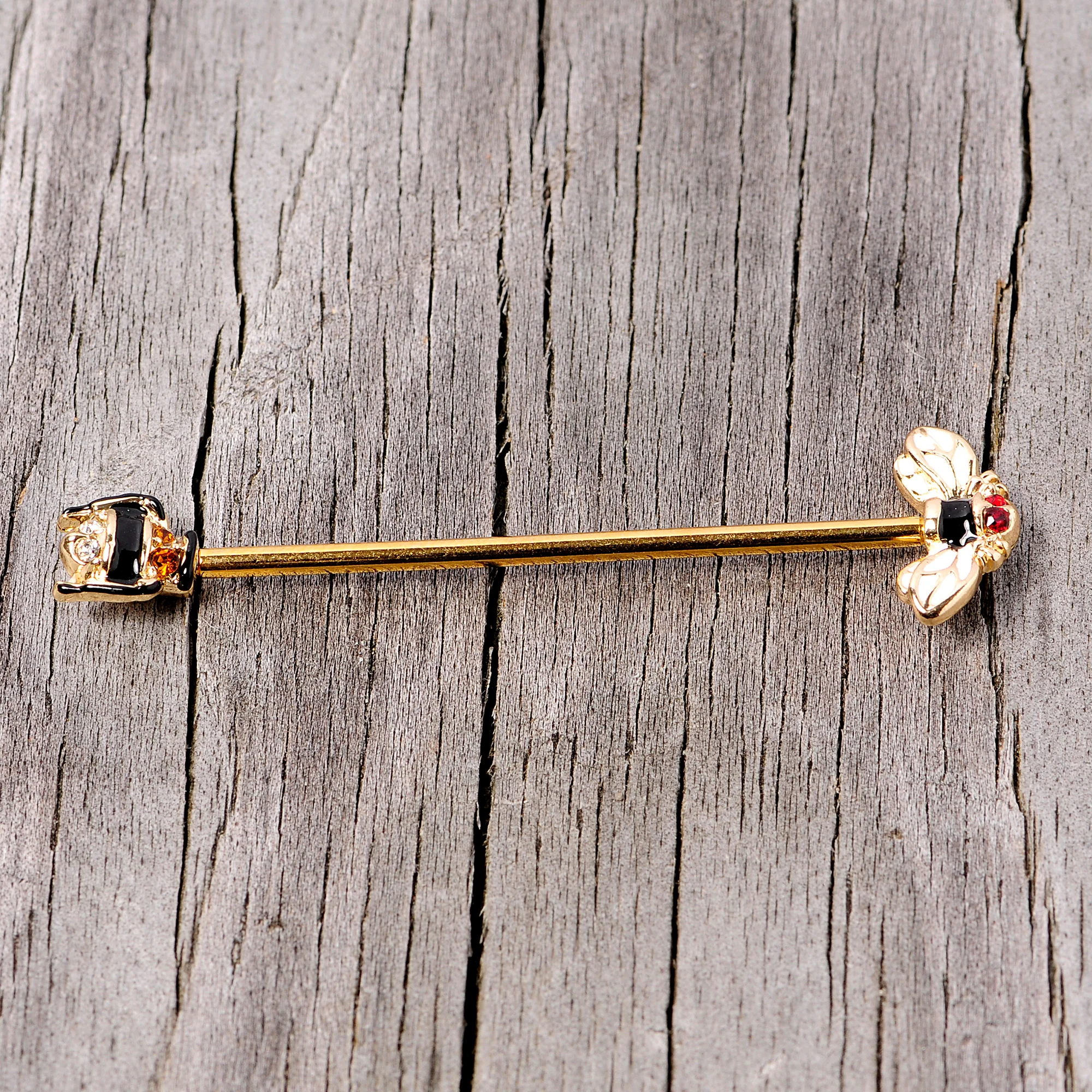 14G Clear Black Yellow Gem Gold Tone Bee Industrial Barbell 38mm - Image 3