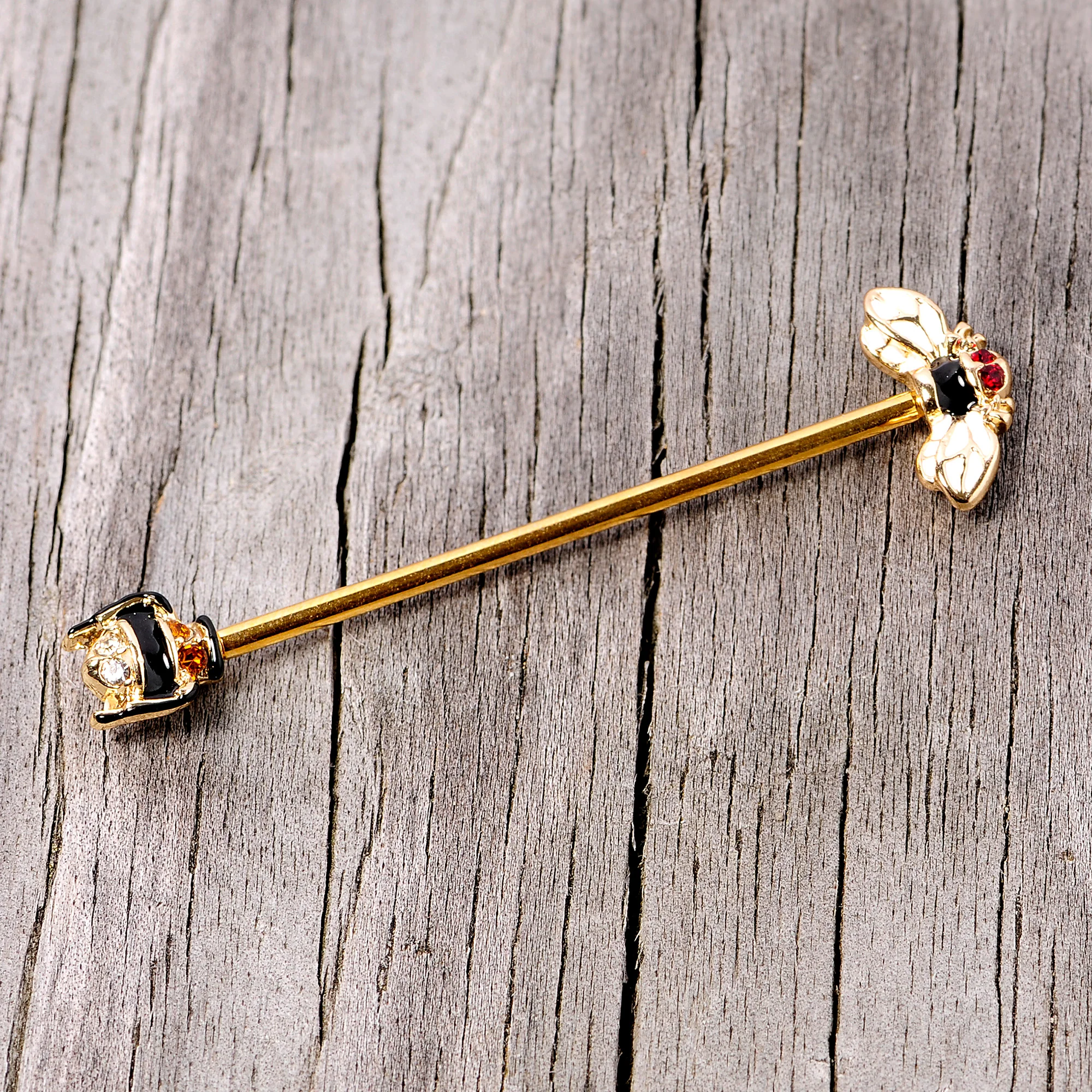 14G Clear Black Yellow Gem Gold Tone Bee Industrial Barbell 38mm - Image 4