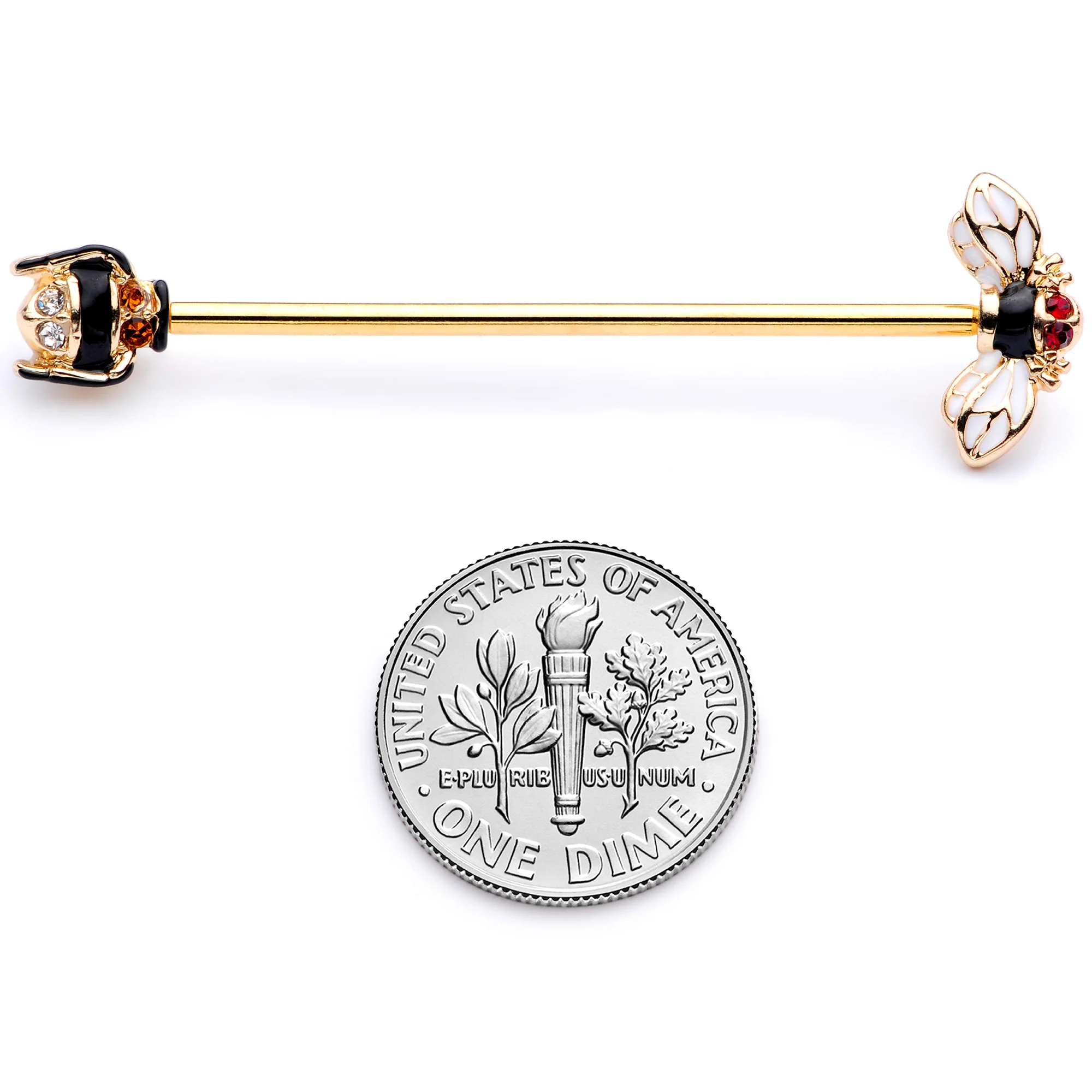 14G Clear Black Yellow Gem Gold Tone Bee Industrial Barbell 38mm - Image 5