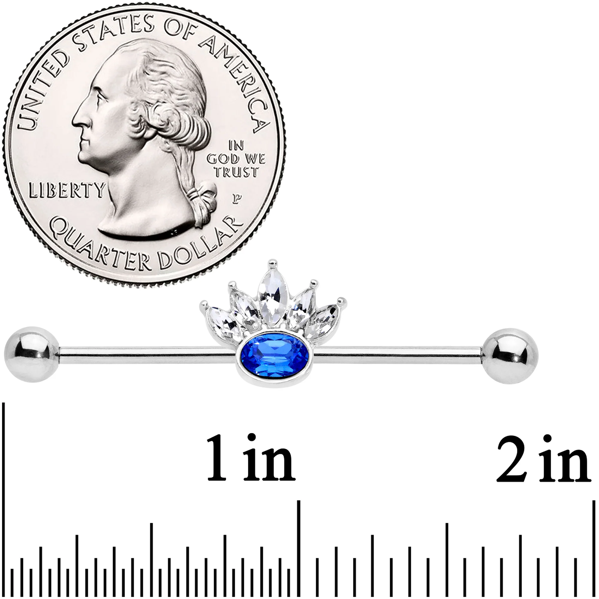 14G Clear Blue Gem Crown Industrial Barbell 38mm - Image 2