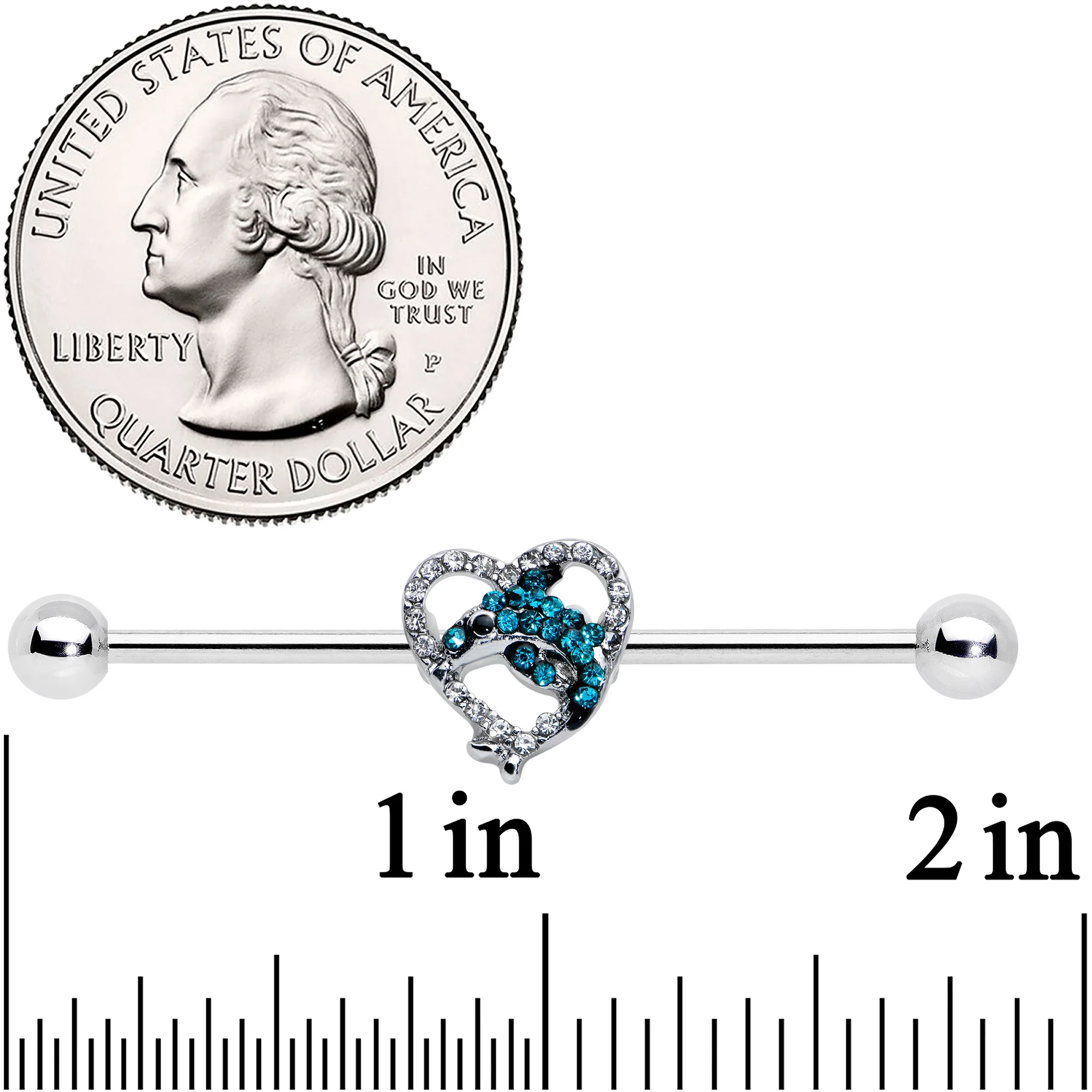 14G Clear Blue Gem Dolphin Heart Industrial Barbell 38mm - Image 2