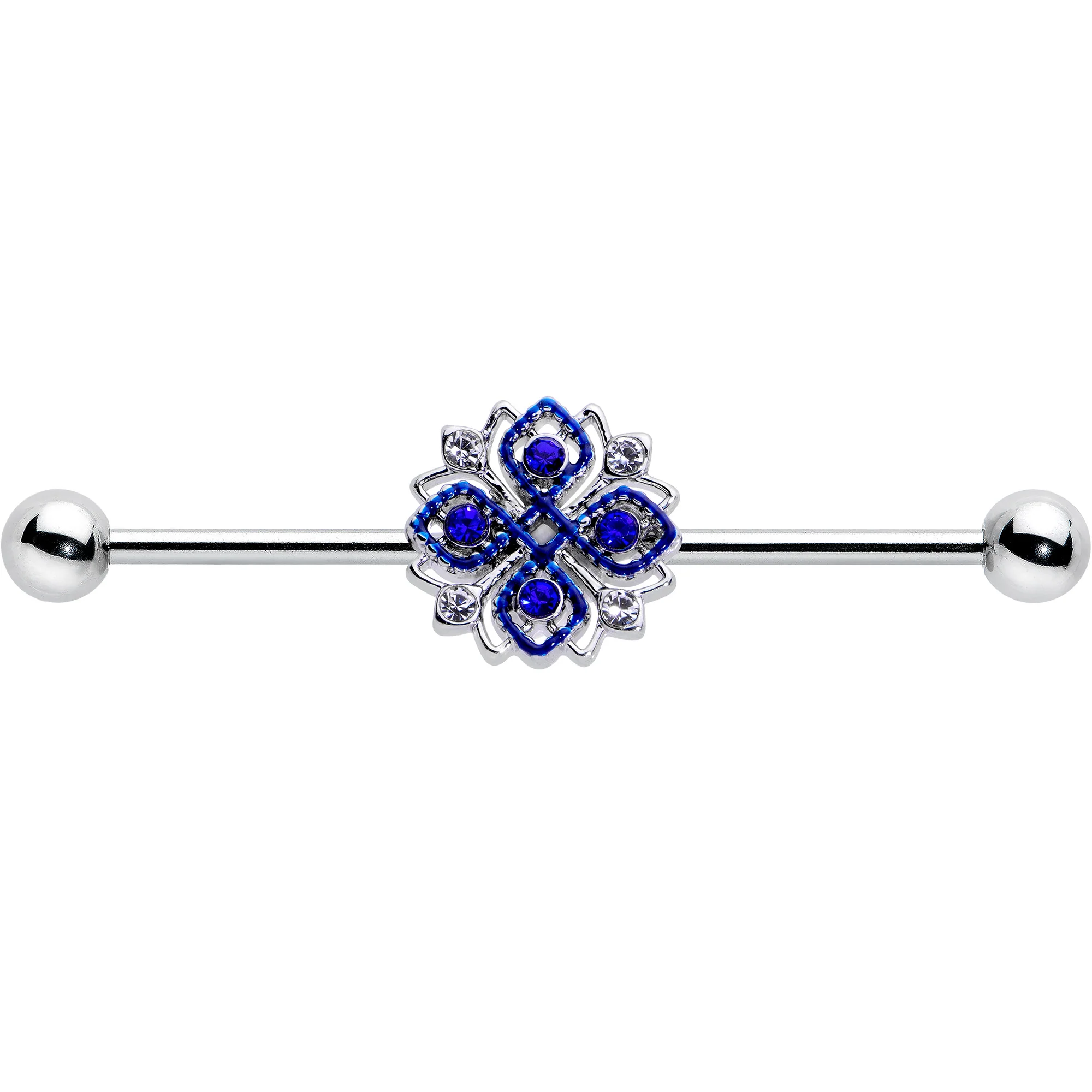 14G Clear Blue Gem Embellished Cross Industrial Barbell 38mm - Image 2