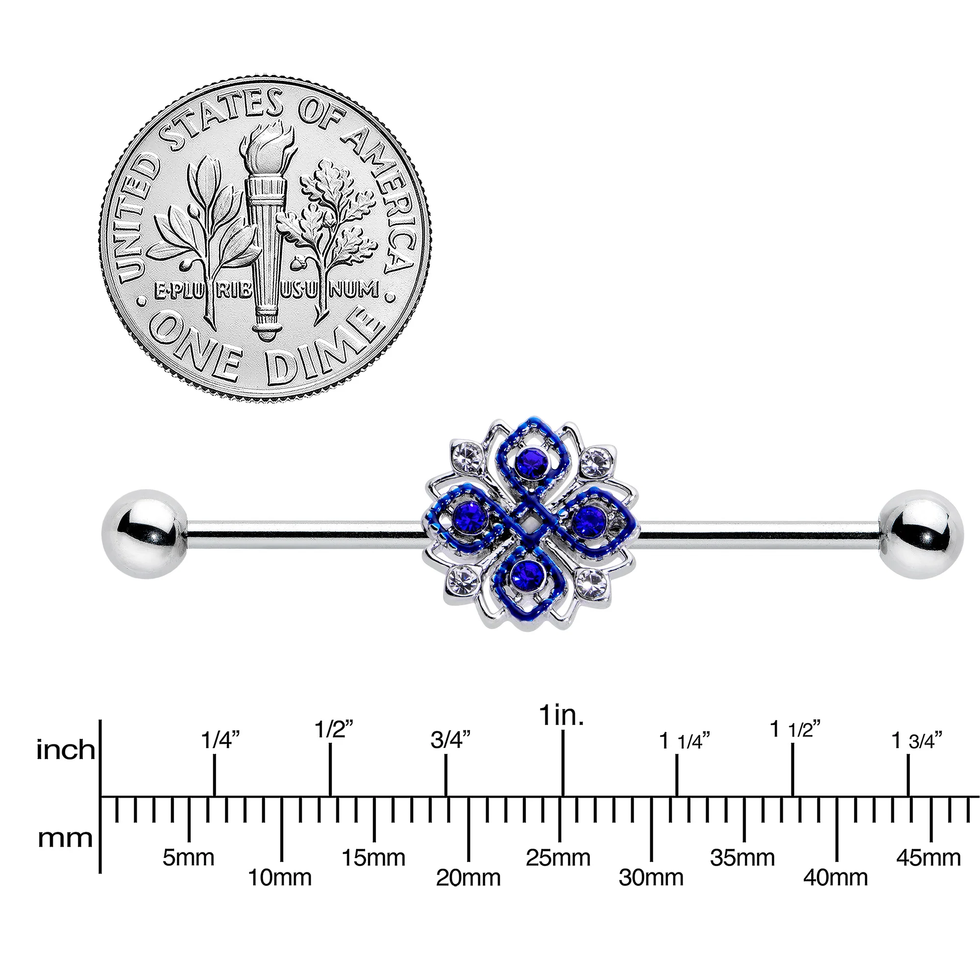 14G Clear Blue Gem Embellished Cross Industrial Barbell 38mm - Image 3