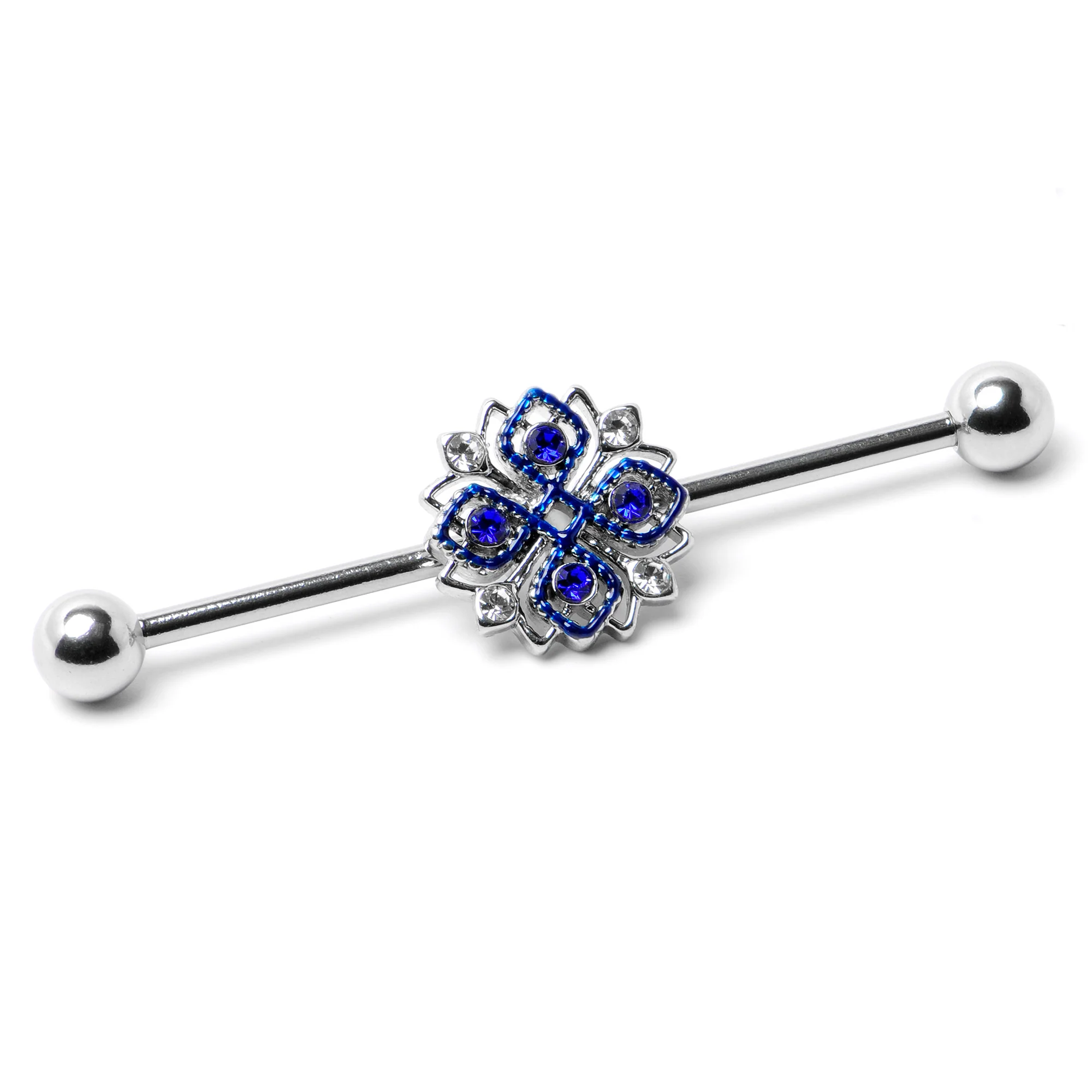 14G Clear Blue Gem Embellished Cross Industrial Barbell 38mm - Image 4