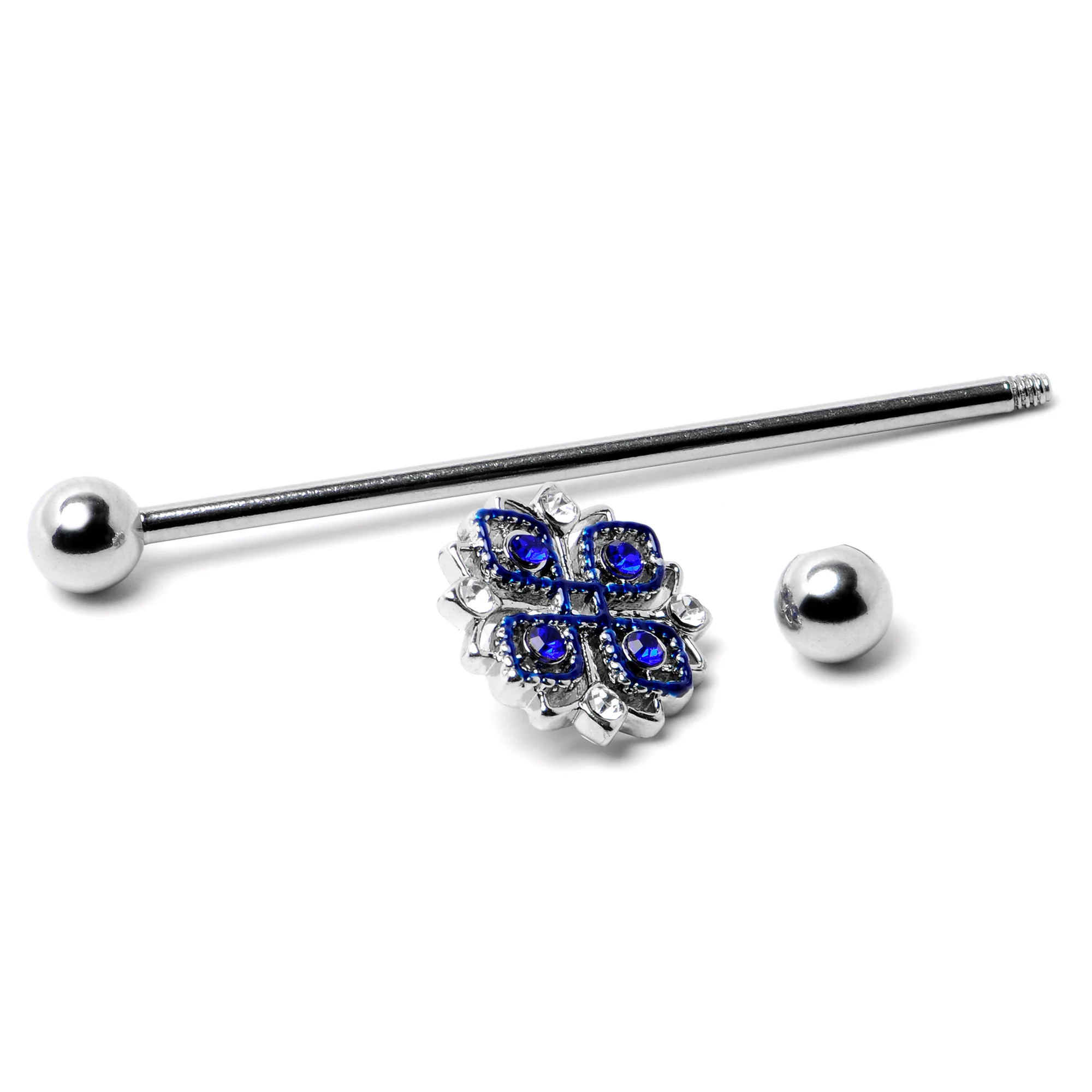 14G Clear Blue Gem Embellished Cross Industrial Barbell 38mm - Image 5