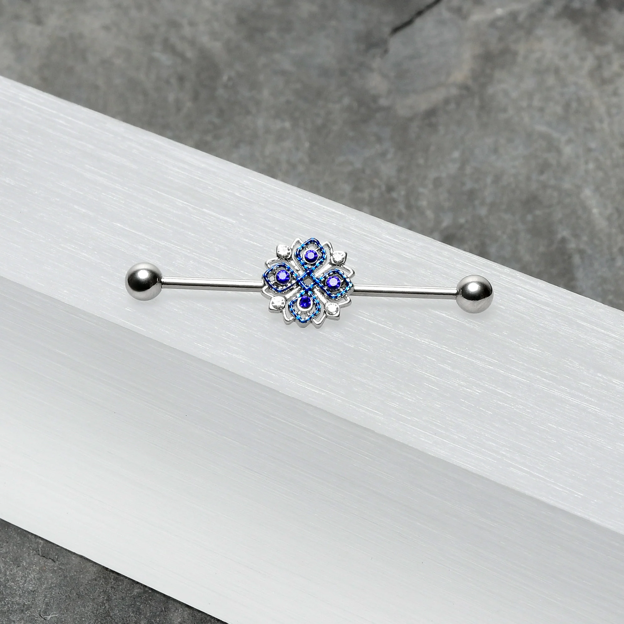 14G Clear Blue Gem Embellished Cross Industrial Barbell 38mm - Image 6