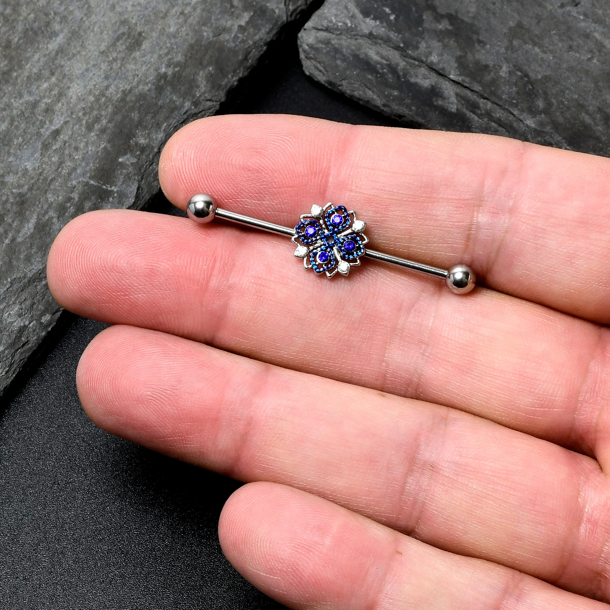 14G Clear Blue Gem Embellished Cross Industrial Barbell 38mm - Image 7