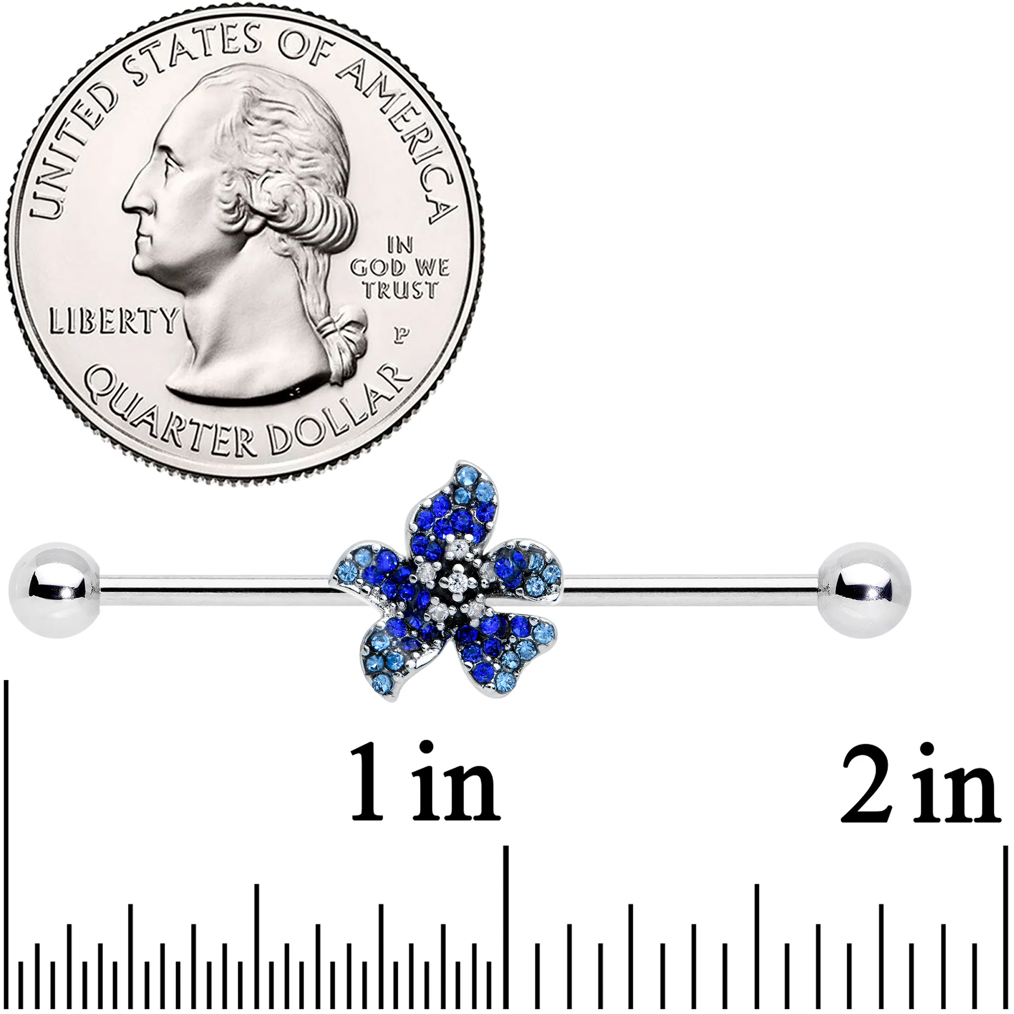 14G Clear Blue Gem Evening Flower Industrial Barbell 38mm - Image 2