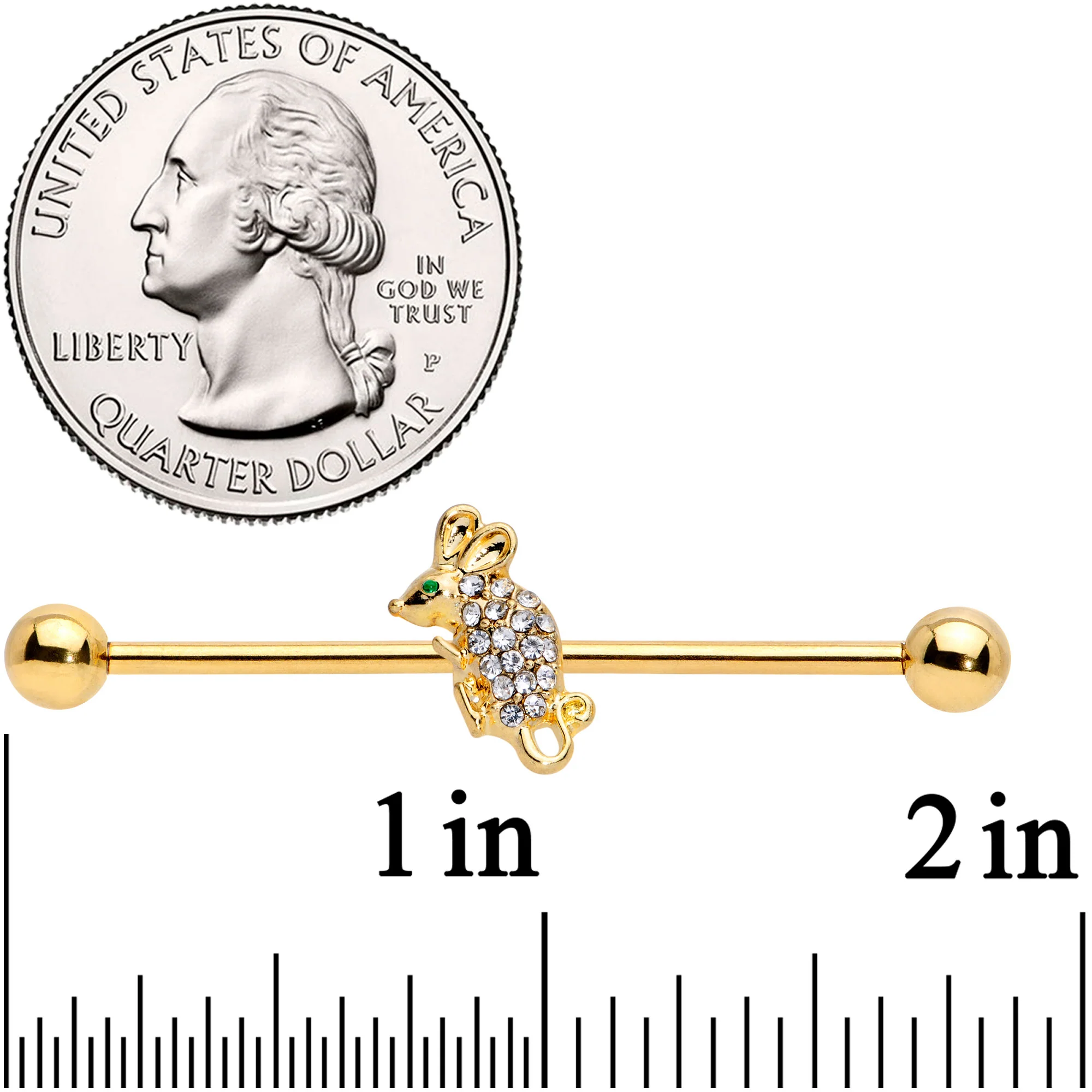 14G Clear Aqua Gem Gold Tone Mouse Industrial Barbell 38mm - Image 2