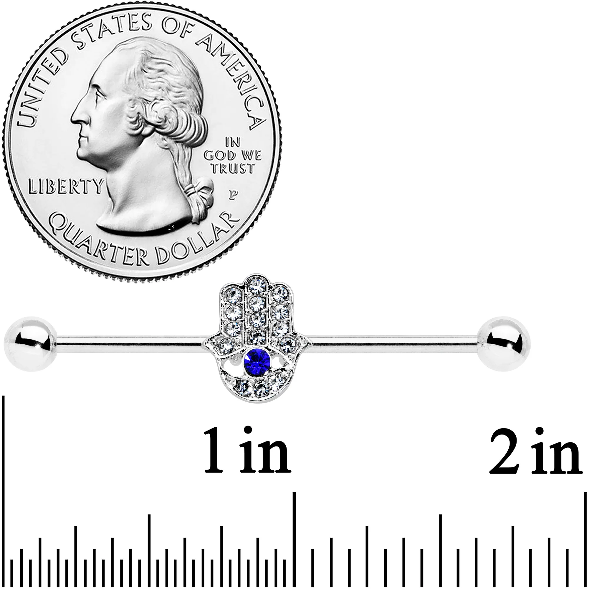 14G Clear Blue Gem Hamsa Hand Eye Industrial Barbell 38mm - Image 2
