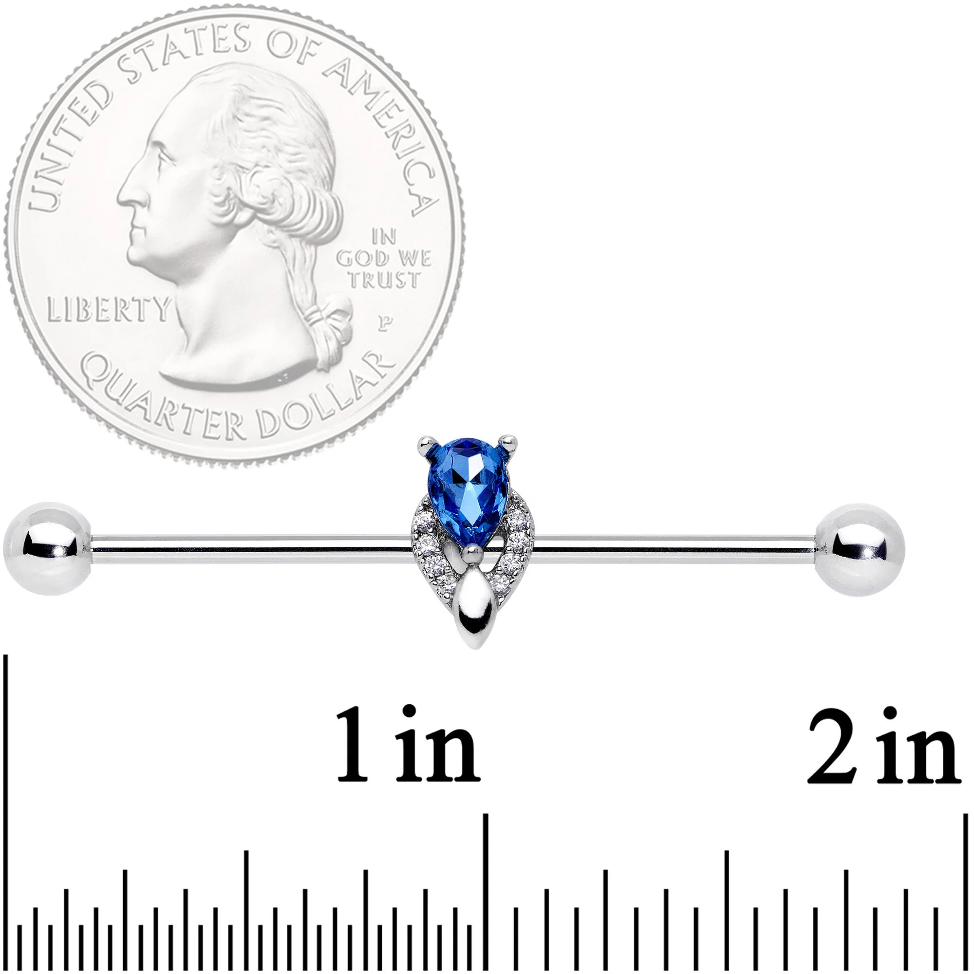 14G Clear Blue Teardrop Gem Art Deco Industrial Barbell 38mm - Image 2