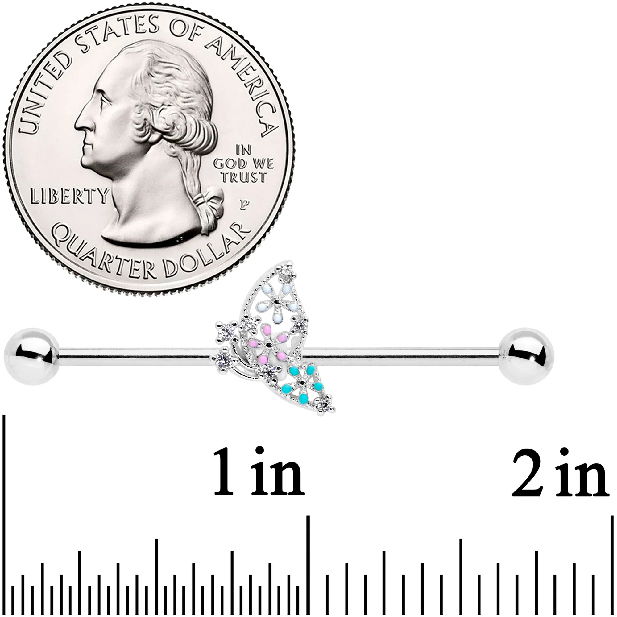 14G Clear CZ Gem Abstract Butterfly Industrial Barbell 38mm - Image 2