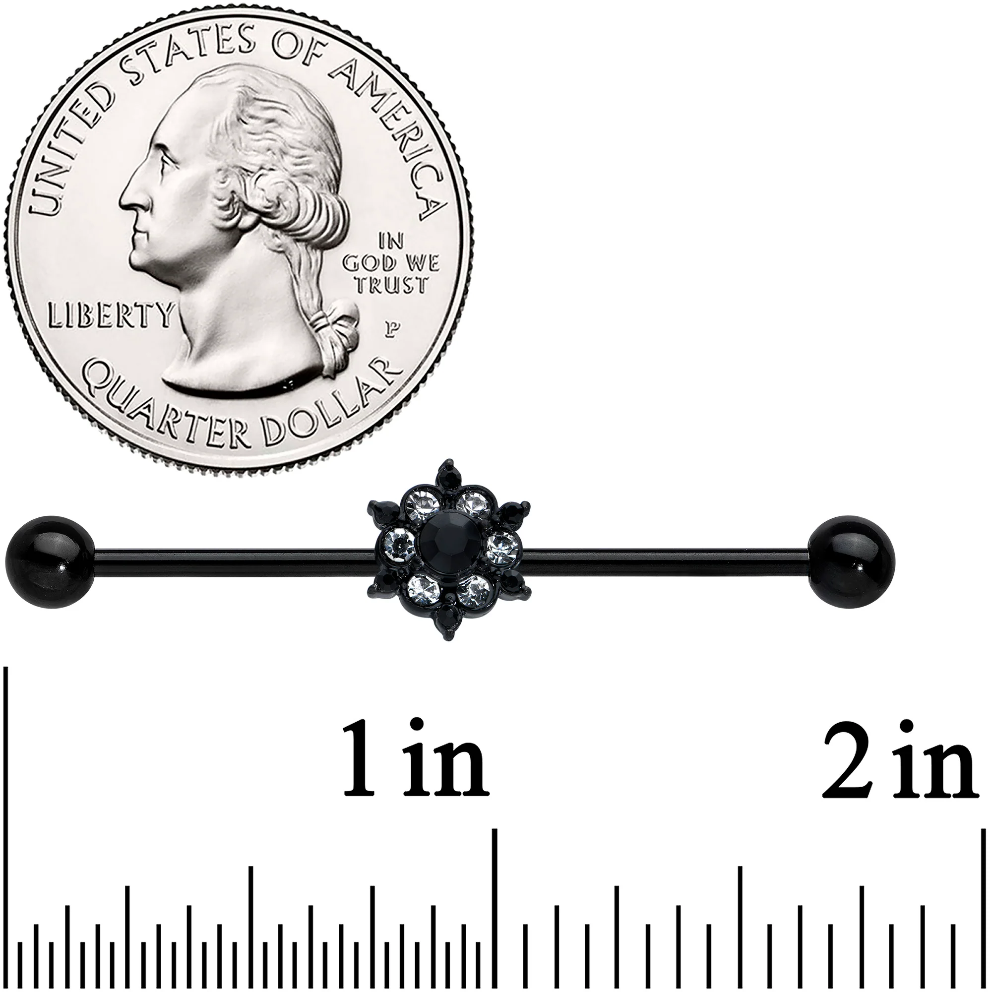 14G Clear CZ Gem Black Abstract Sun Industrial Barbell 38mm - Image 2